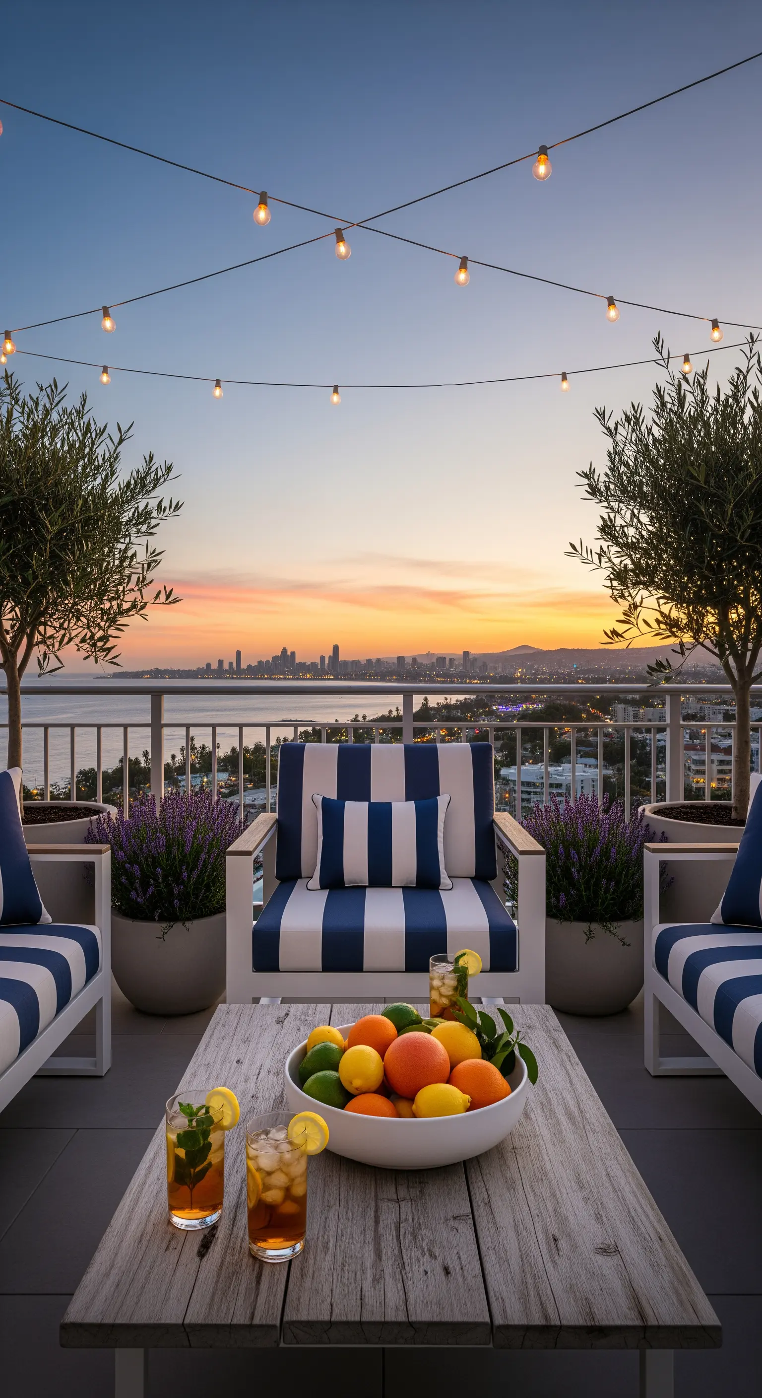 Gestreifte Outdoor-Sessel, Lichterketten, Olivenbäume