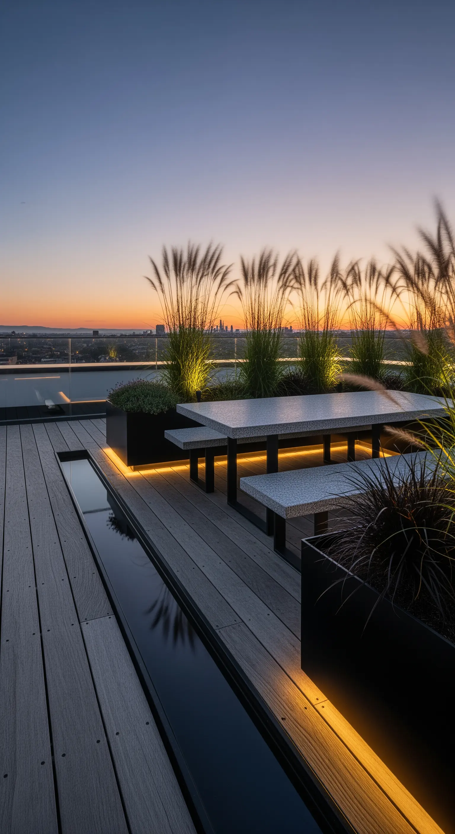 Dachterrasse mit Essbereich, integrierter Beleuchtung und Ziergräsern