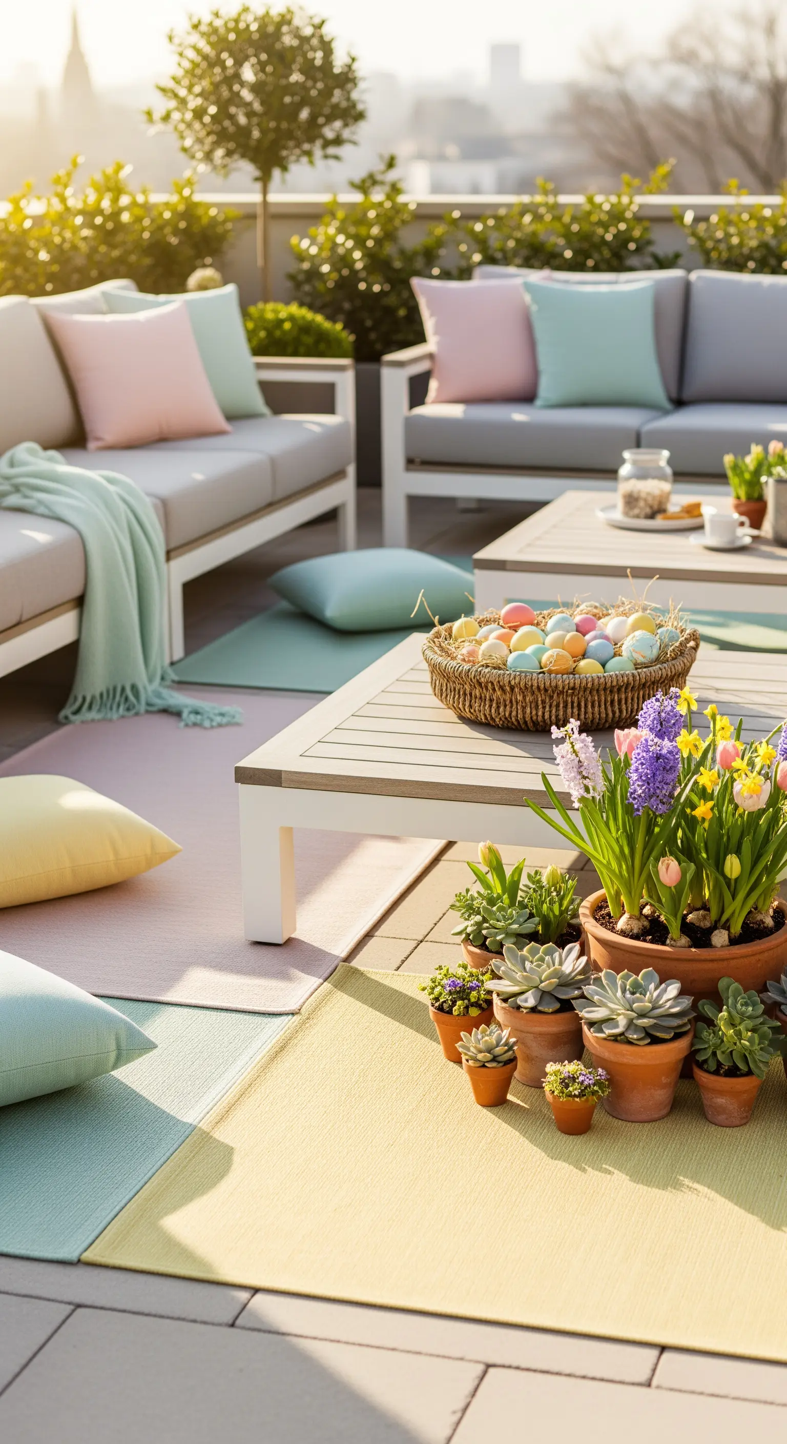 Dachterrasse mit Outdoor-Sofas, Pastellkissen, Teppichen, Sukkulenten und Osterkorb.