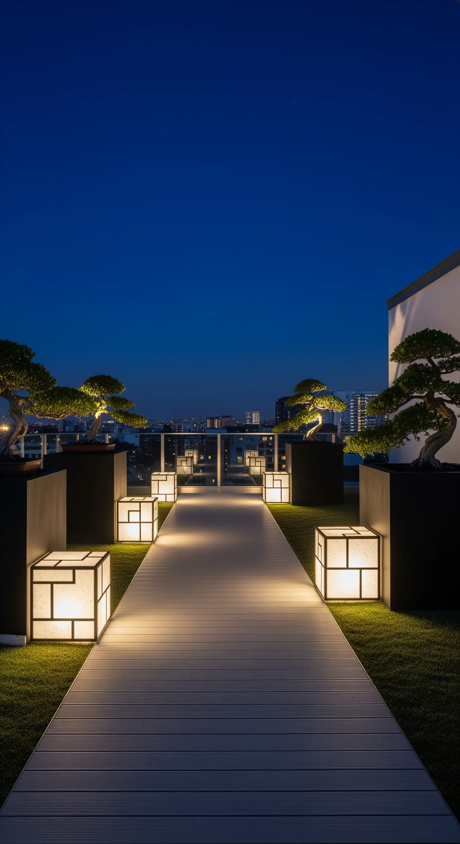 Moderne Dachterrasse mit einem beleuchteten Weg, flankiert von kubischen Laternen und Bonsai-Bäumen.