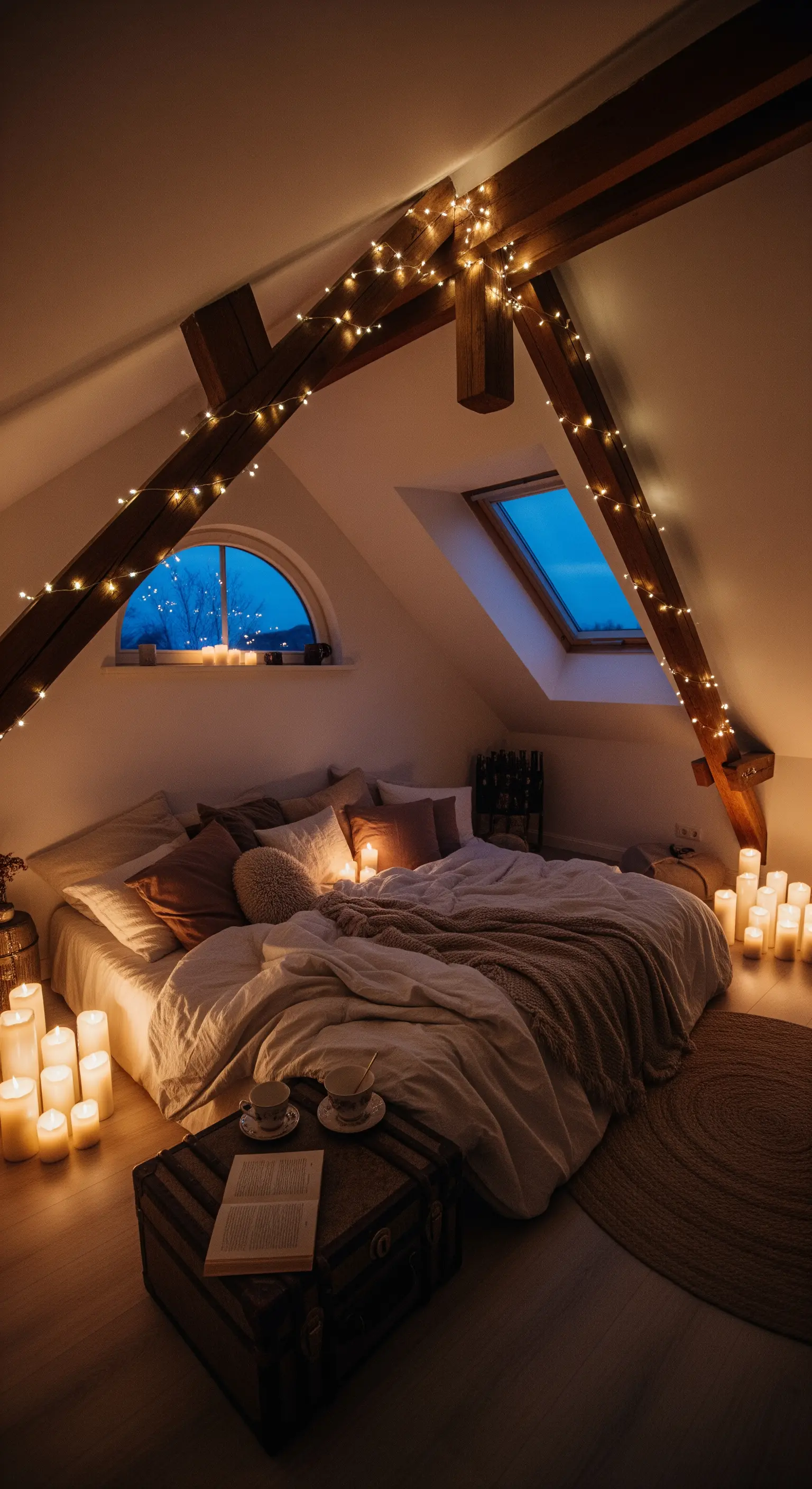 Dachzimmer-Schlafzimmer mit Holzbalken, Lichterketten und Kerzen auf dem Boden