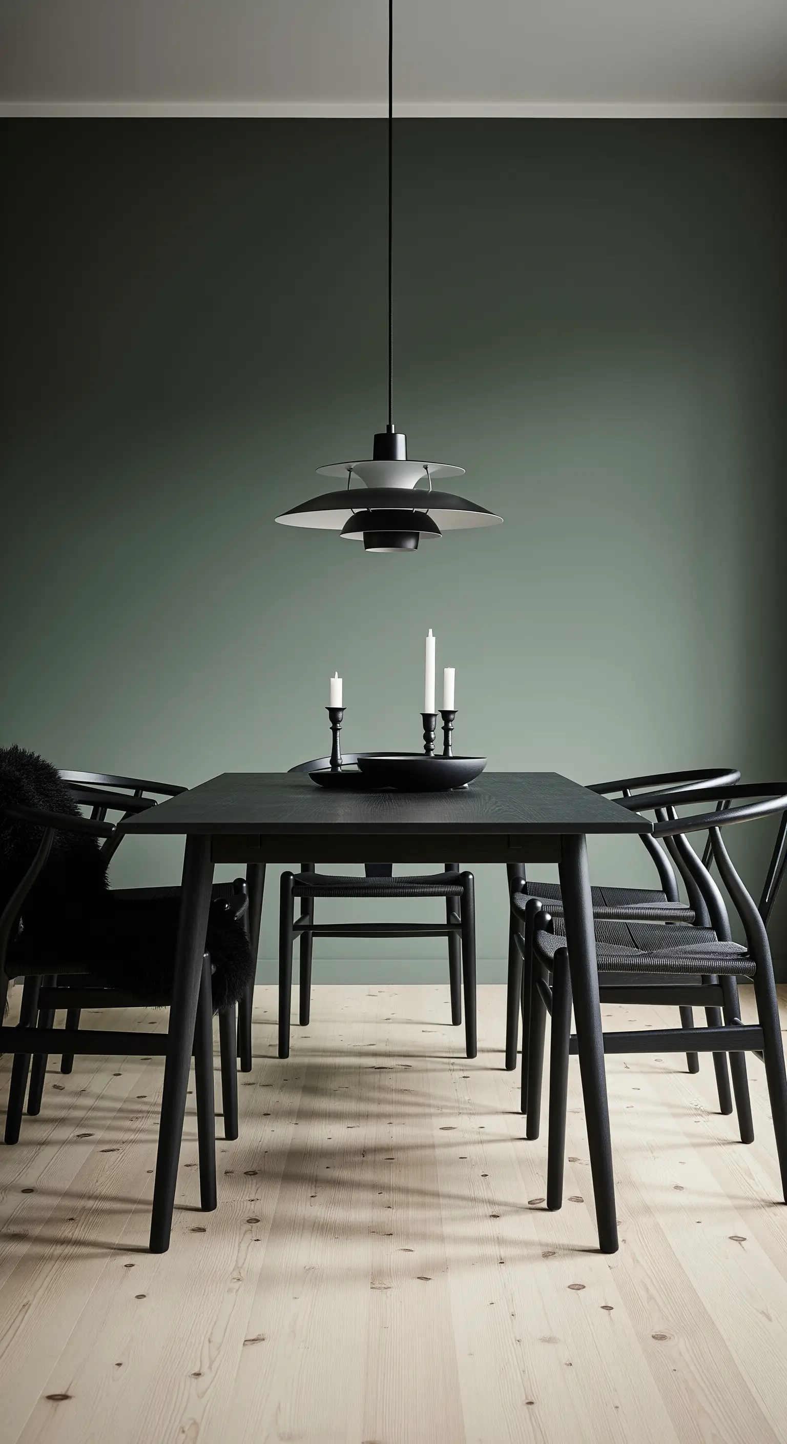 Minimalistischer schwarzer Esstisch mit Design-Ikone als Pendelleuchte.