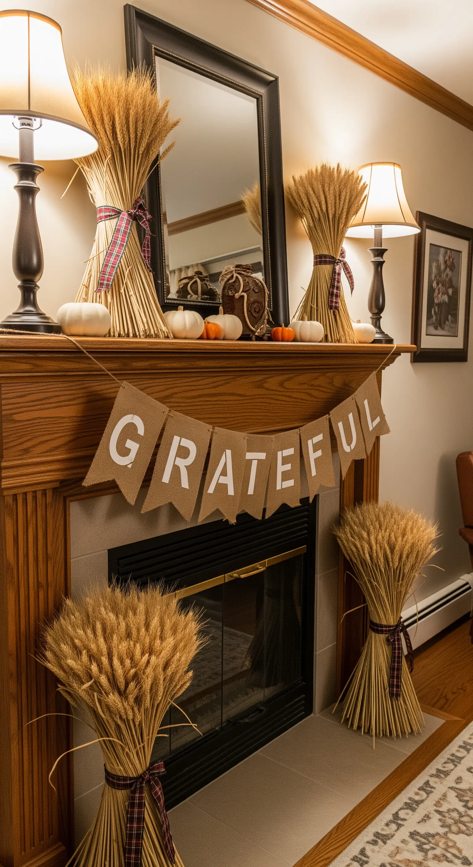 Rustikale Erntedank-Deko mit Weizenbündeln, einem Jute-Banner und weißen Zierkürbissen.