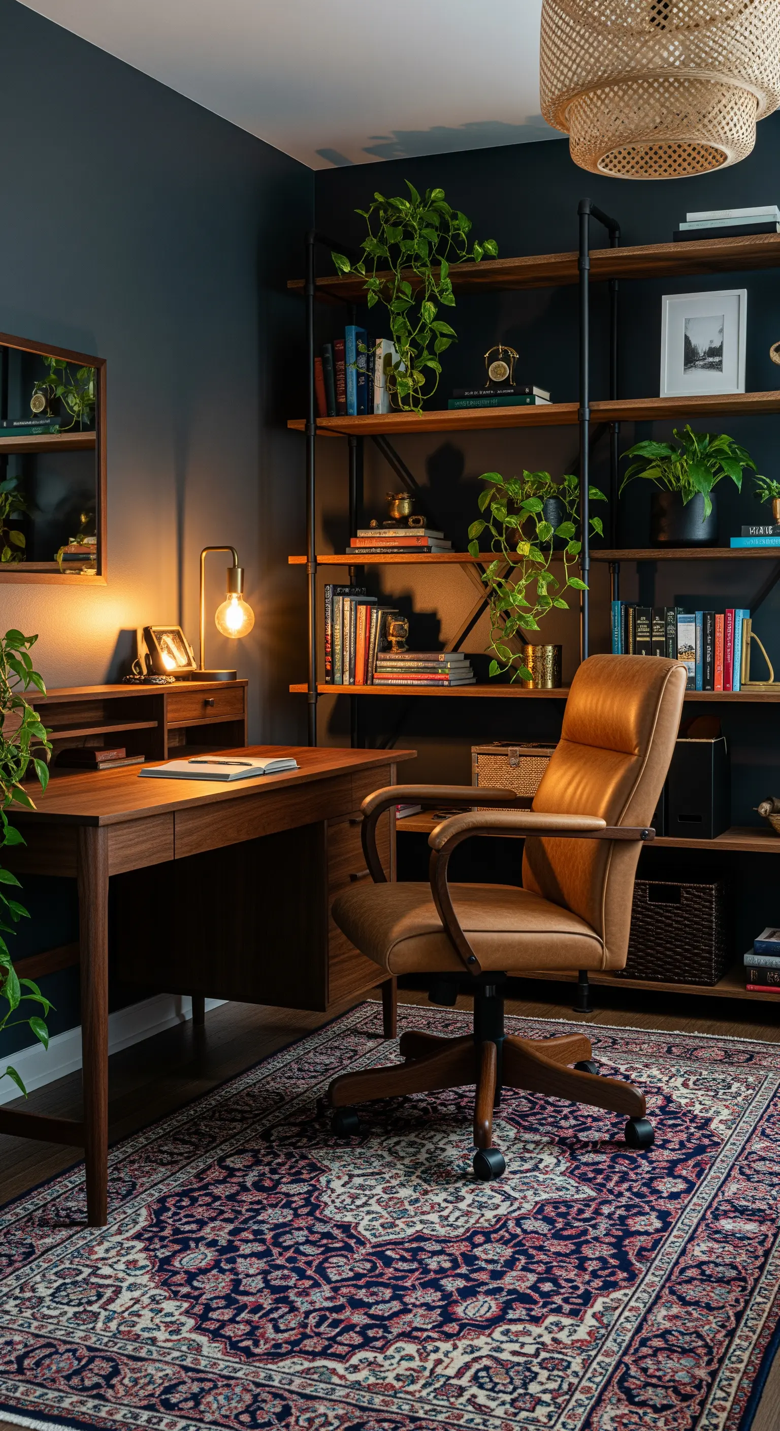 Dunkles, gemütliches Homeoffice mit Holzregalen, Ledersessel und warmer Beleuchtung.