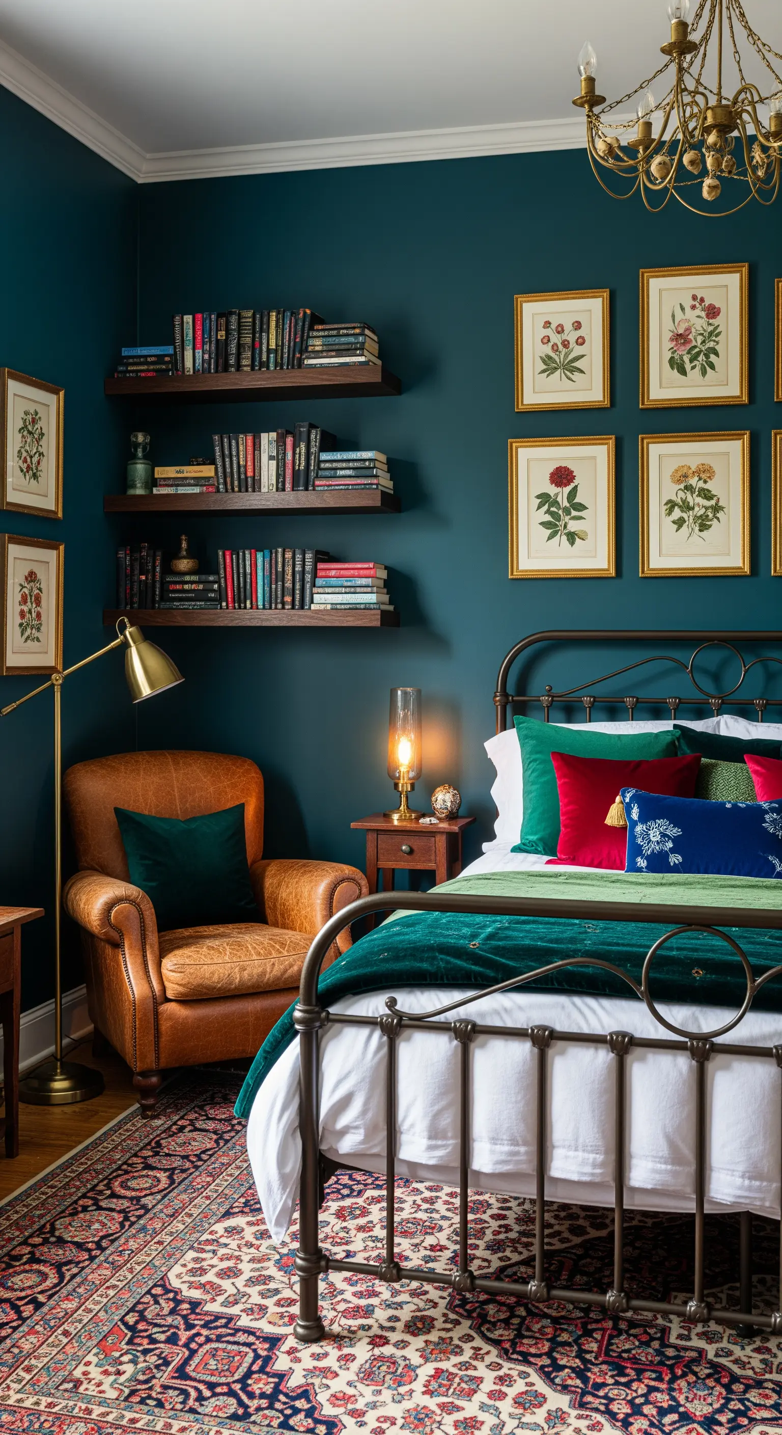 Dunkelgrünes Schlafzimmer mit Ledersessel, schwebenden Bücherregalen und Goldakzenten.