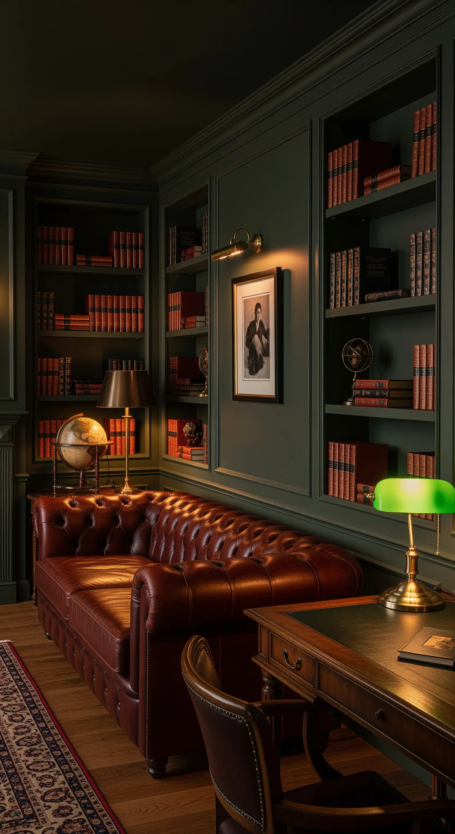 Dunkles Arbeitszimmer mit Bücherregalen, Chesterfield-Sofa und mehreren goldenen Tisch- und Wandleuchten.