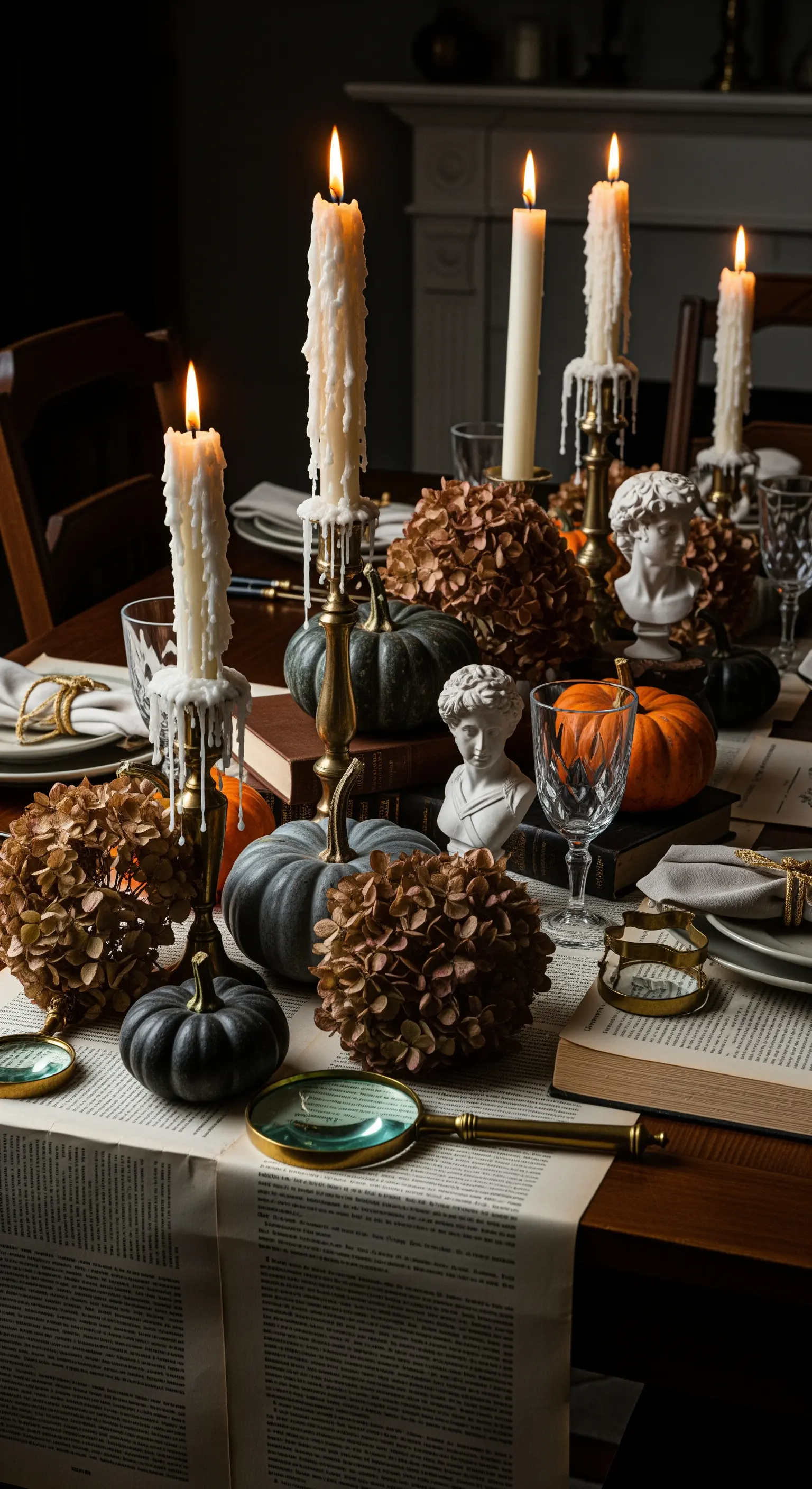 Dark-Academia-Tischdeko mit dunklen Kürbissen, Büchern, getrockneten Hortensien und Kerzen.