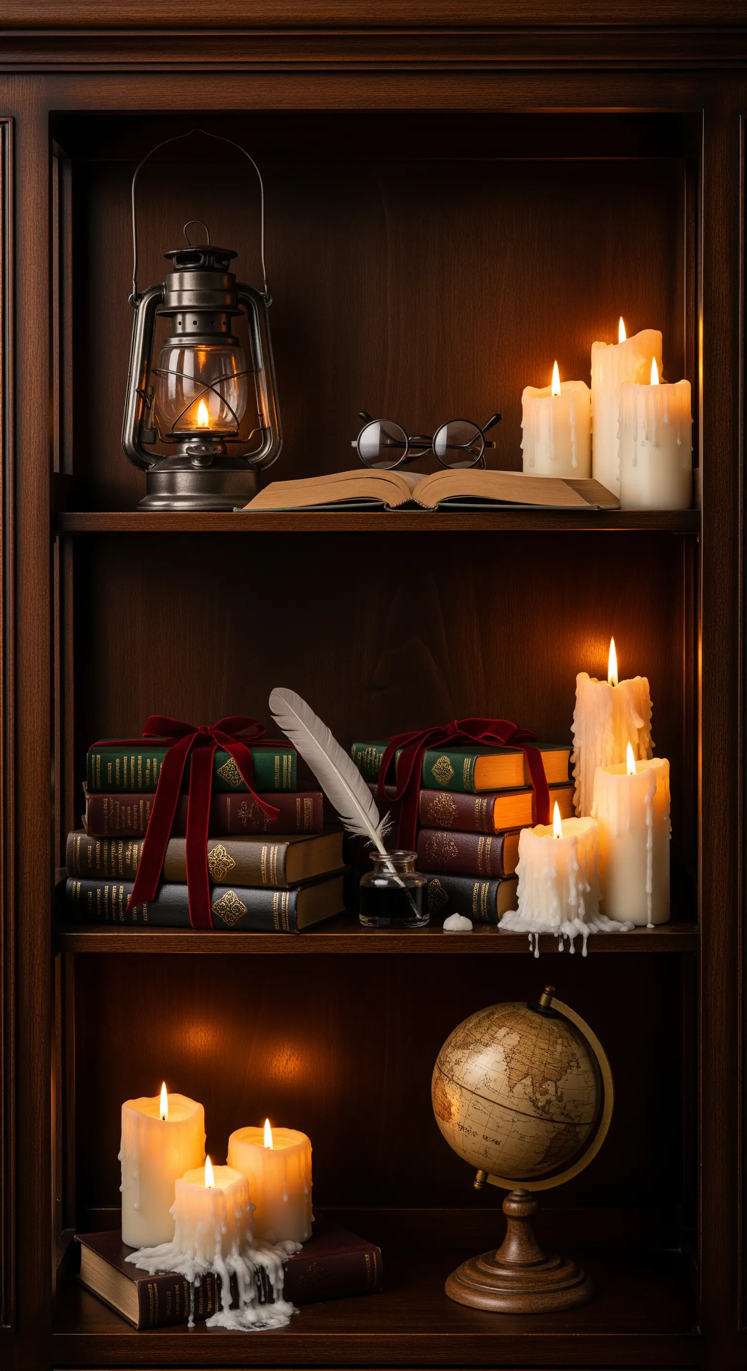 Dunkles Bücherregal mit alten Büchern, tropfenden Kerzen und einer Laterne