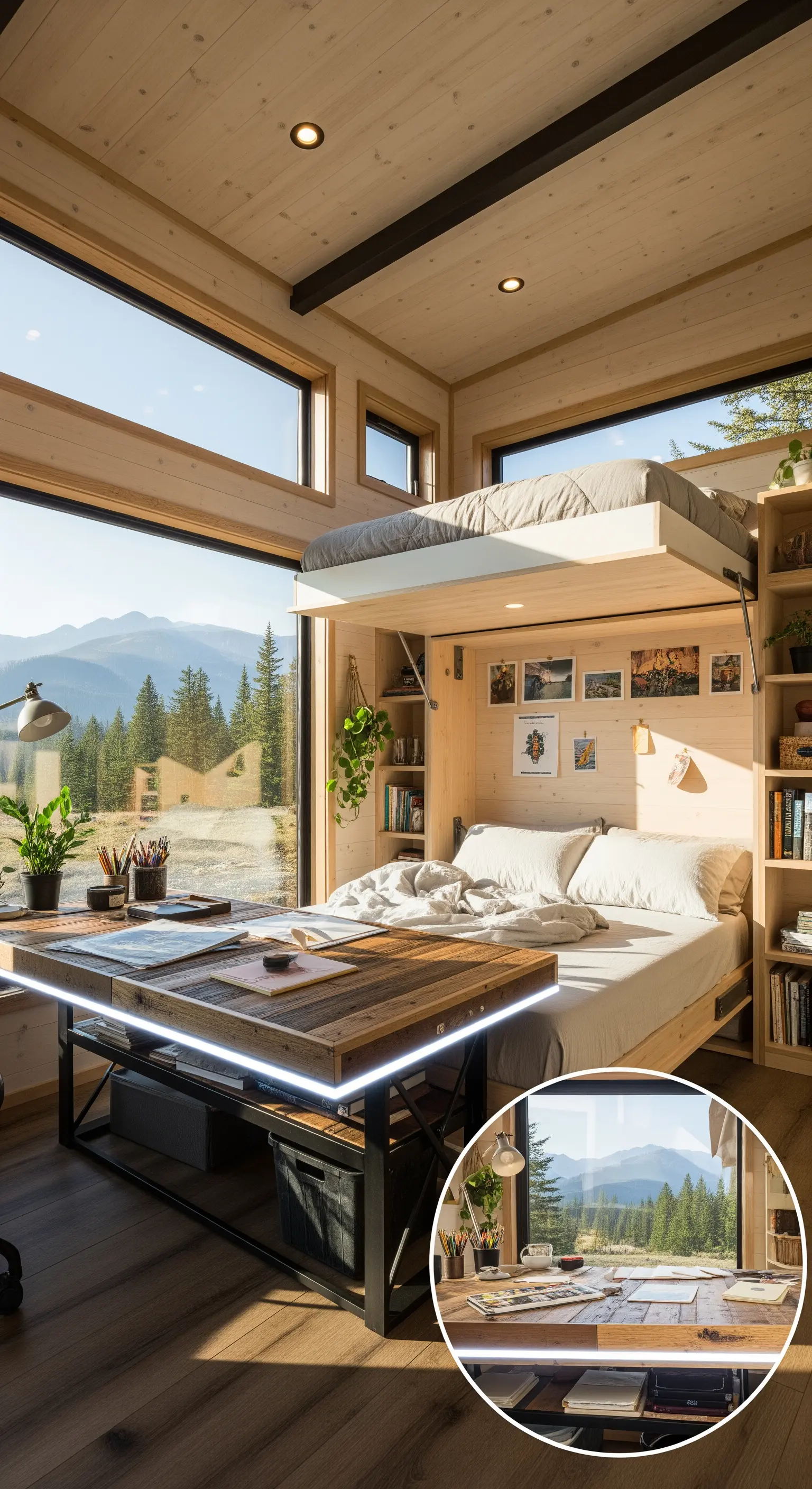 Multifunktionaler Raum mit Klappbett über einem Schreibtisch und einem darüberliegenden Hochbett.