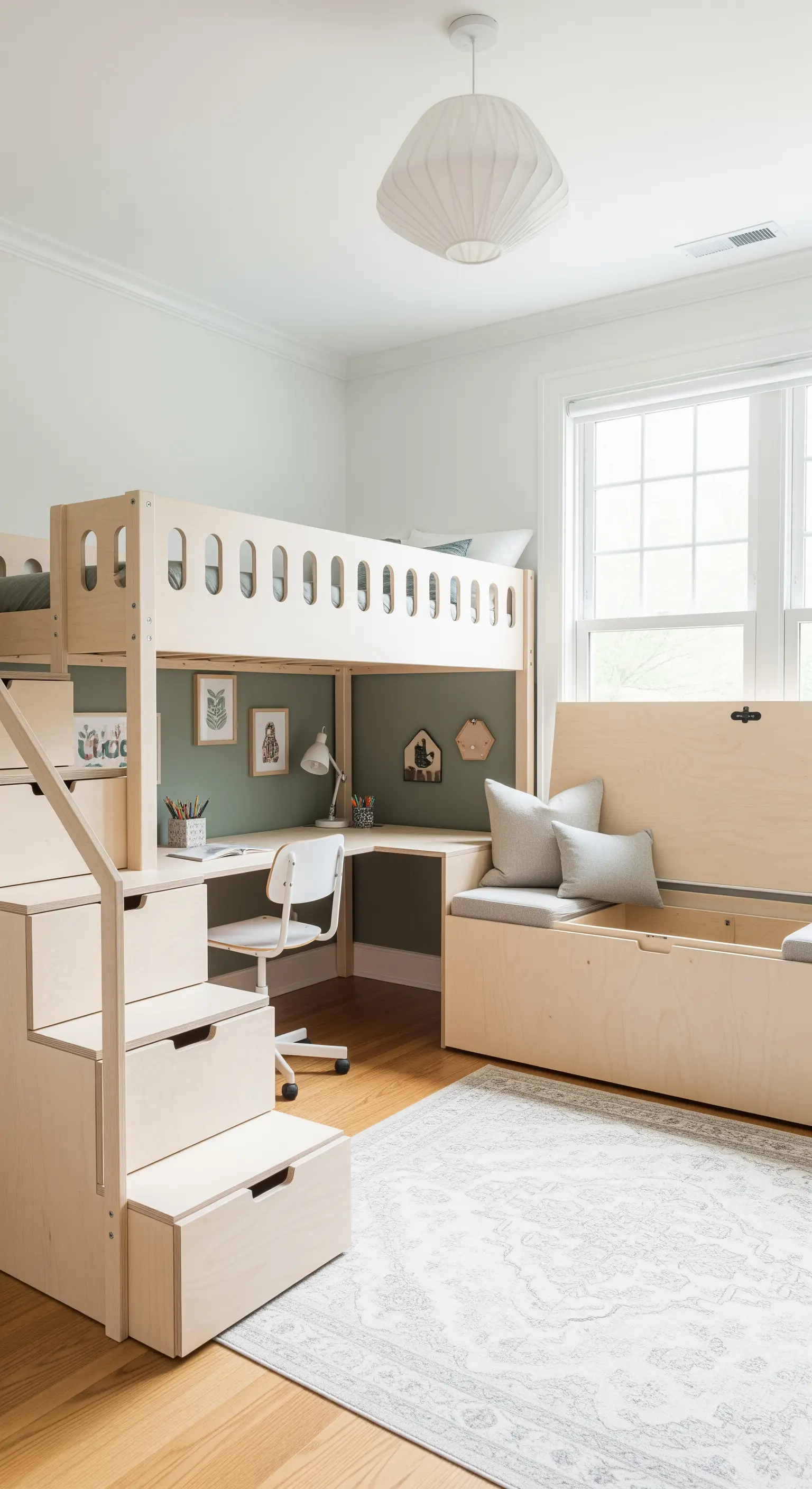 Kinderzimmer-Hochbett aus hellem Holz mit integrierten Schubladen-Treppen und einer Stau-Bank.