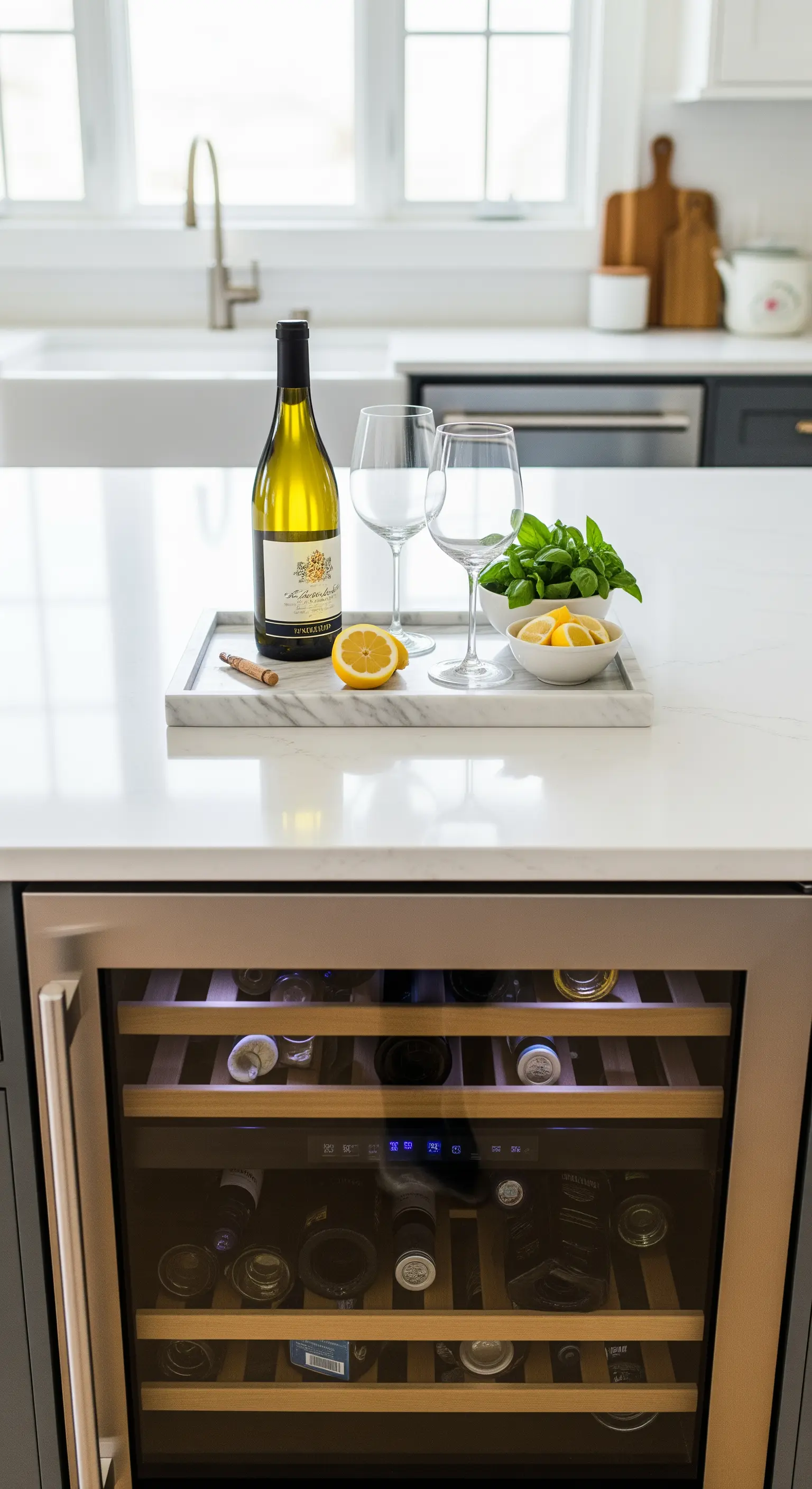 Ein Marmortablett mit einer Flasche Wein, zwei Gläsern und einer Schale mit Zitronen und Minze.