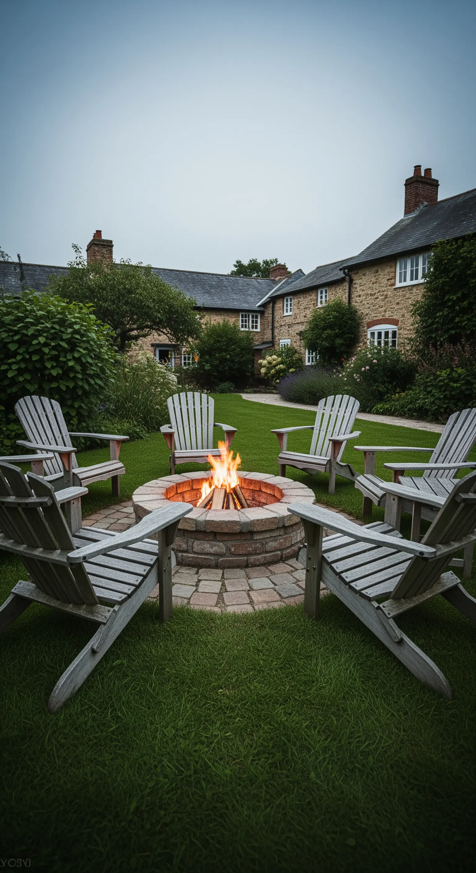 Eine gemauerte Feuerstelle im Rasen, umgeben von Adirondack-Stühlen, mit loderndem Feuer.