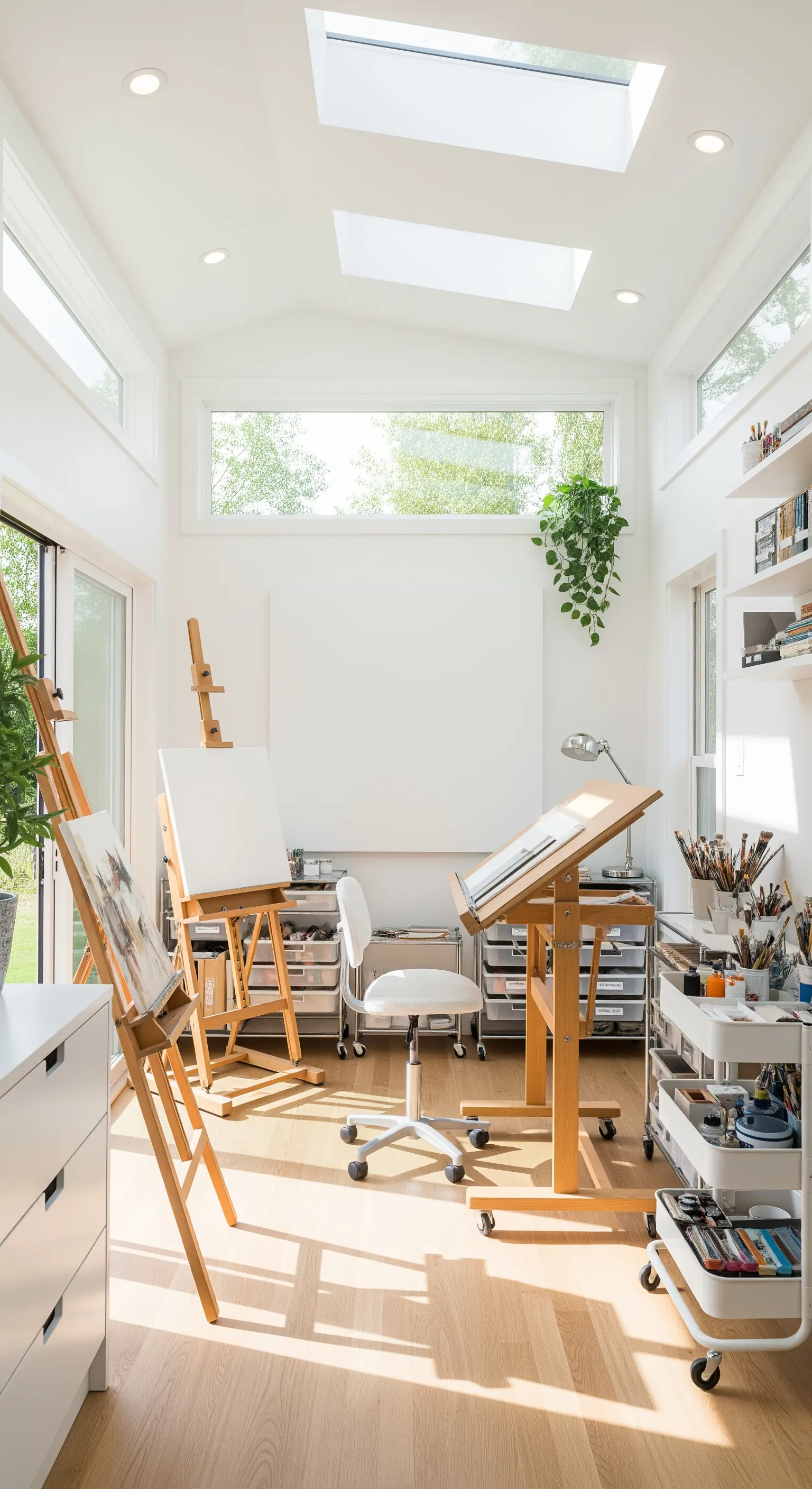 Helles Künstleratelier in einem Tiny House mit Staffeleien und viel Tageslicht.