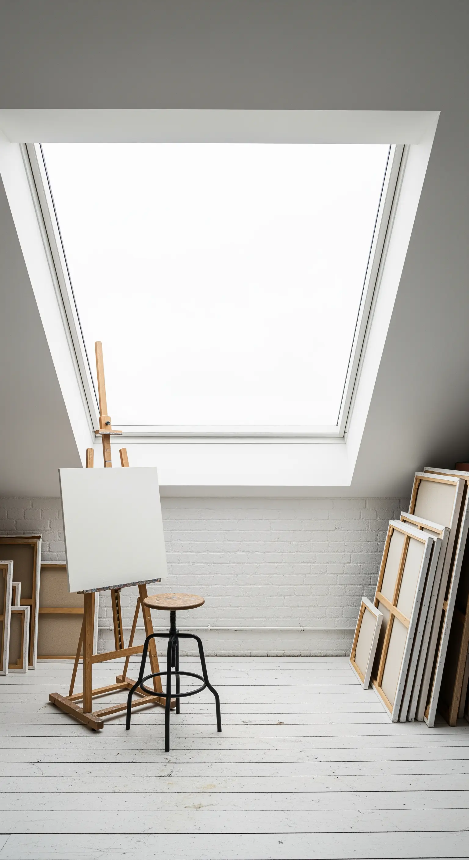 Helles Dachgeschoss-Atelier mit einem großen Dachfenster und einer leeren Leinwand.
