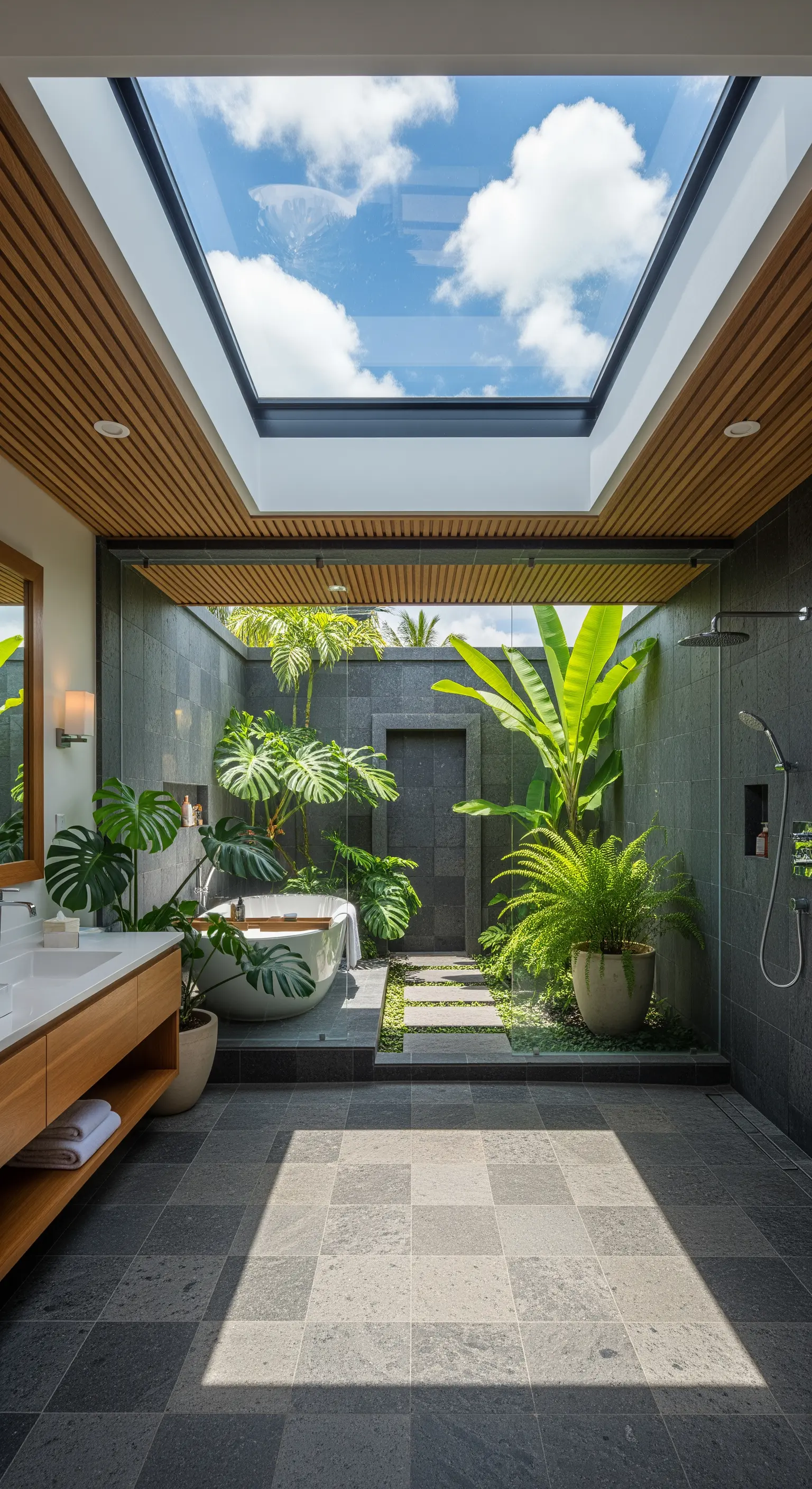 Badezimmer mit Glasdach, das in einen bepflanzten Innenhof übergeht.