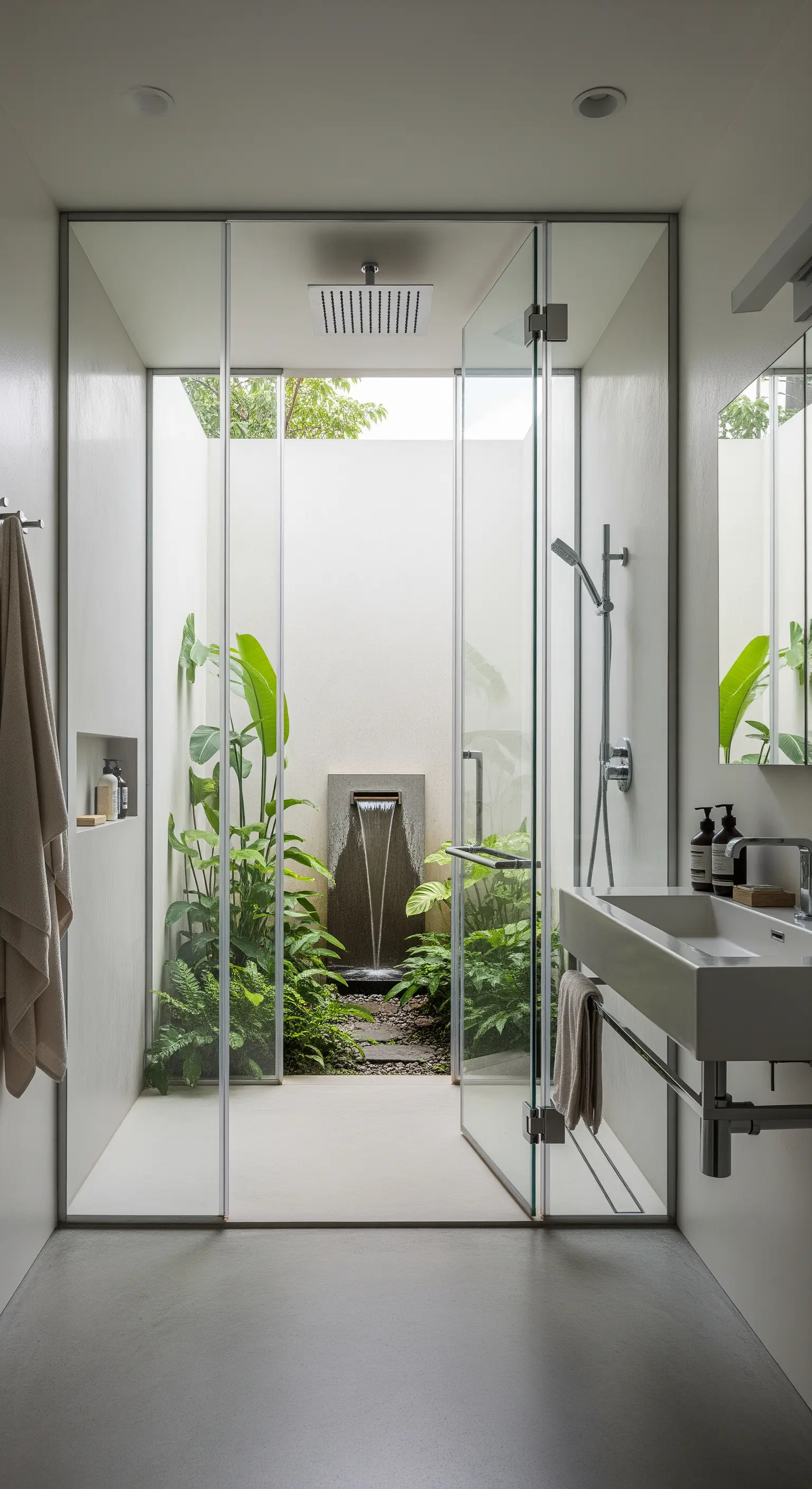 Moderne Dusche mit Glastür, die sich zu einem privaten Innenhof mit Pflanzen und Wasserfall öffnet