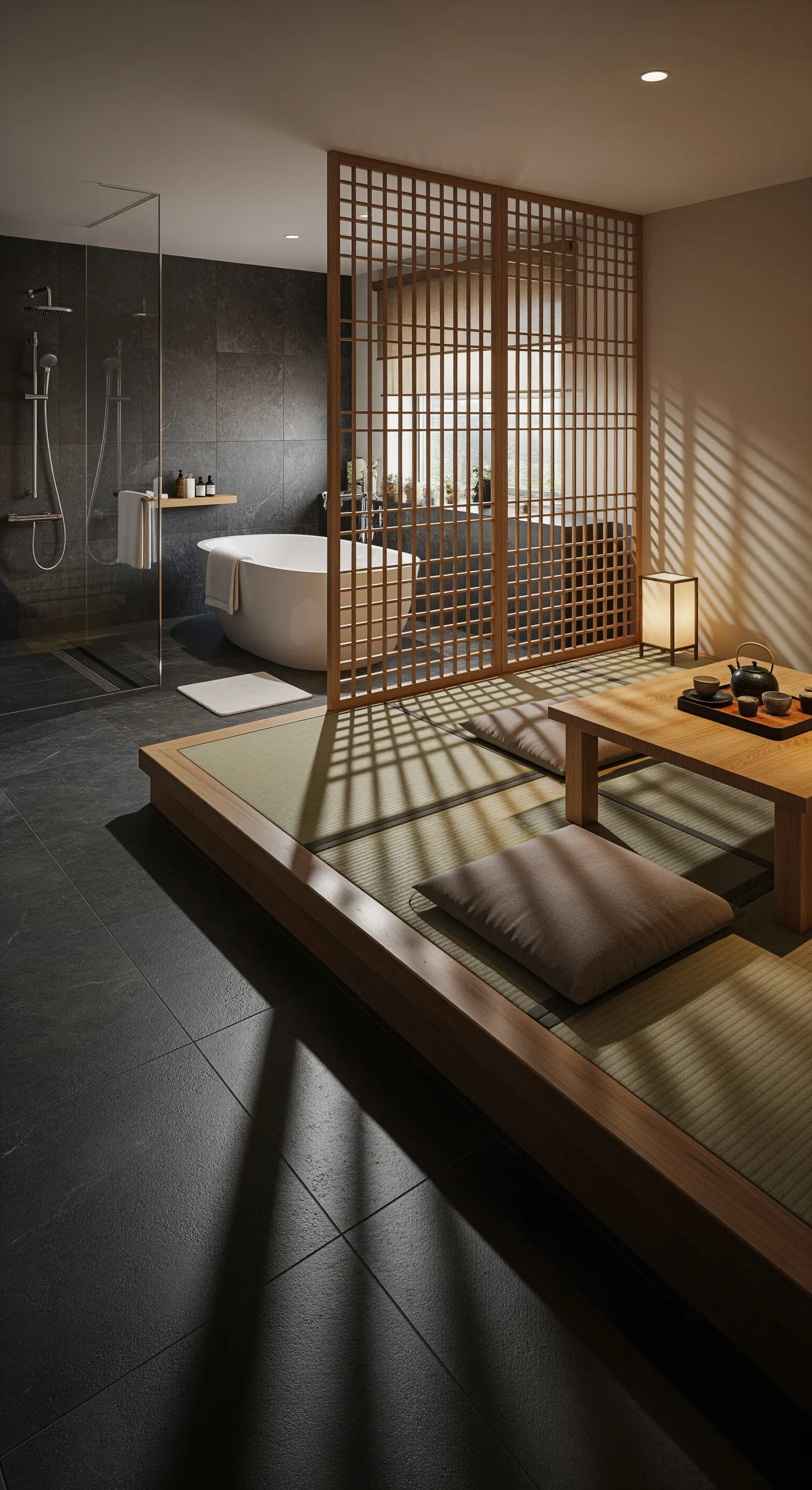 Badezimmer mit angrenzendem Tatami-Bereich zum Entspannen, getrennt durch eine Shoji-Wand.