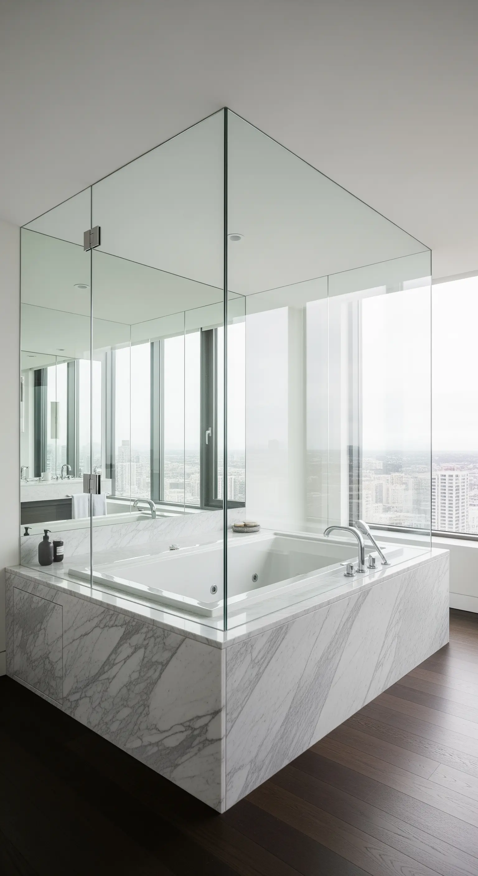 Große Marmor-Badewanne, die von drei Seiten mit raumhohen Glaswänden umgeben ist