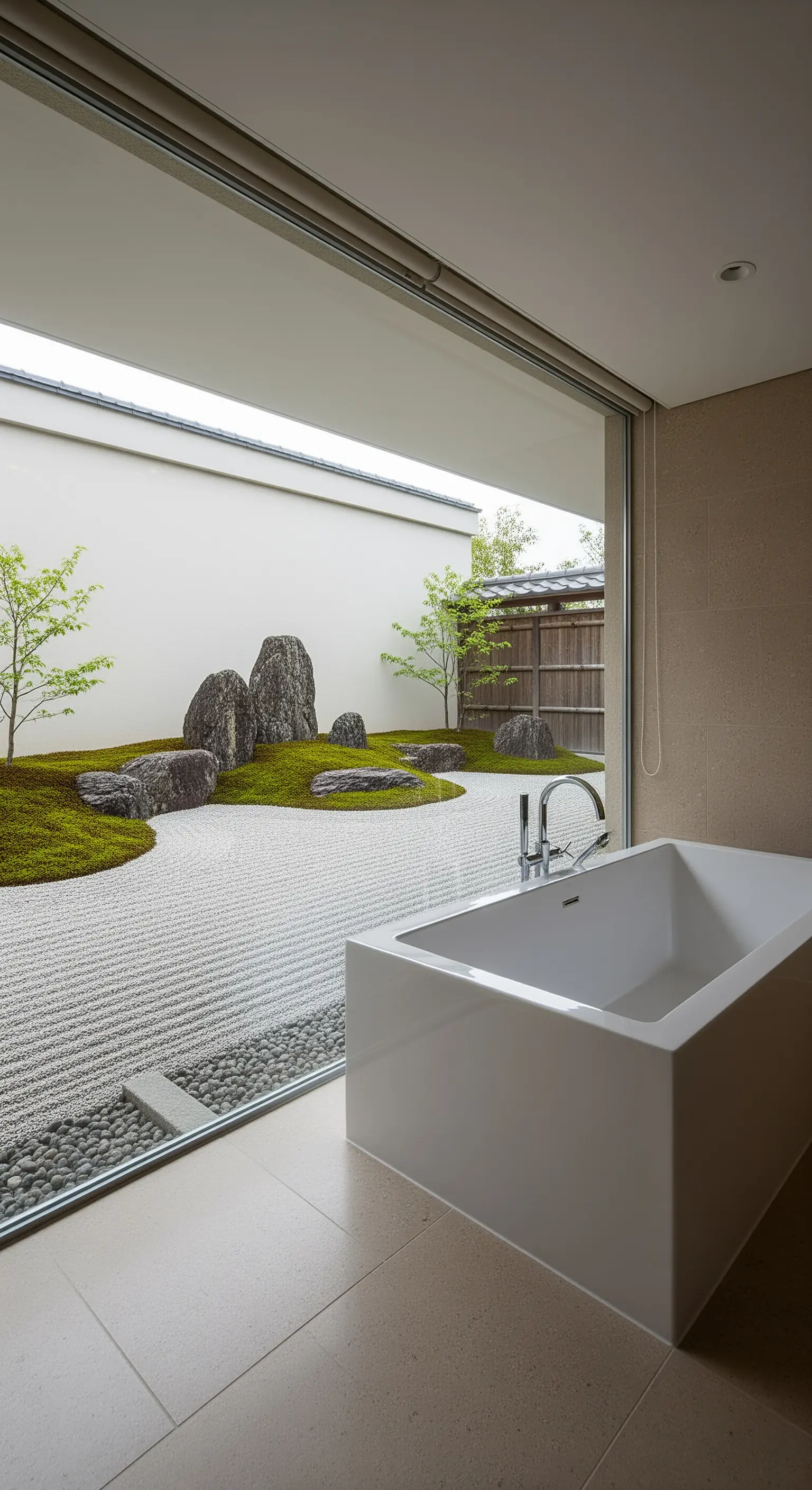 Badewanne mit bodentiefem Fenster und direktem, ungestörtem Blick auf einen japanischen Zen-Garten.