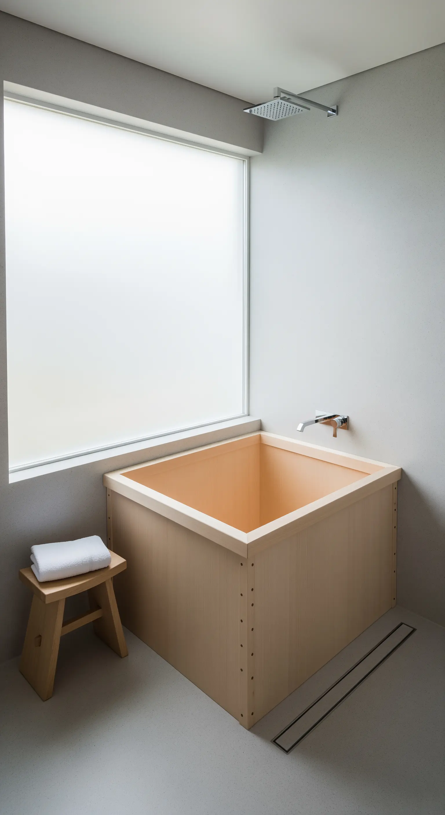 Minimalistisches Badezimmer mit einer quadratischen japanischen Holzbadewanne.