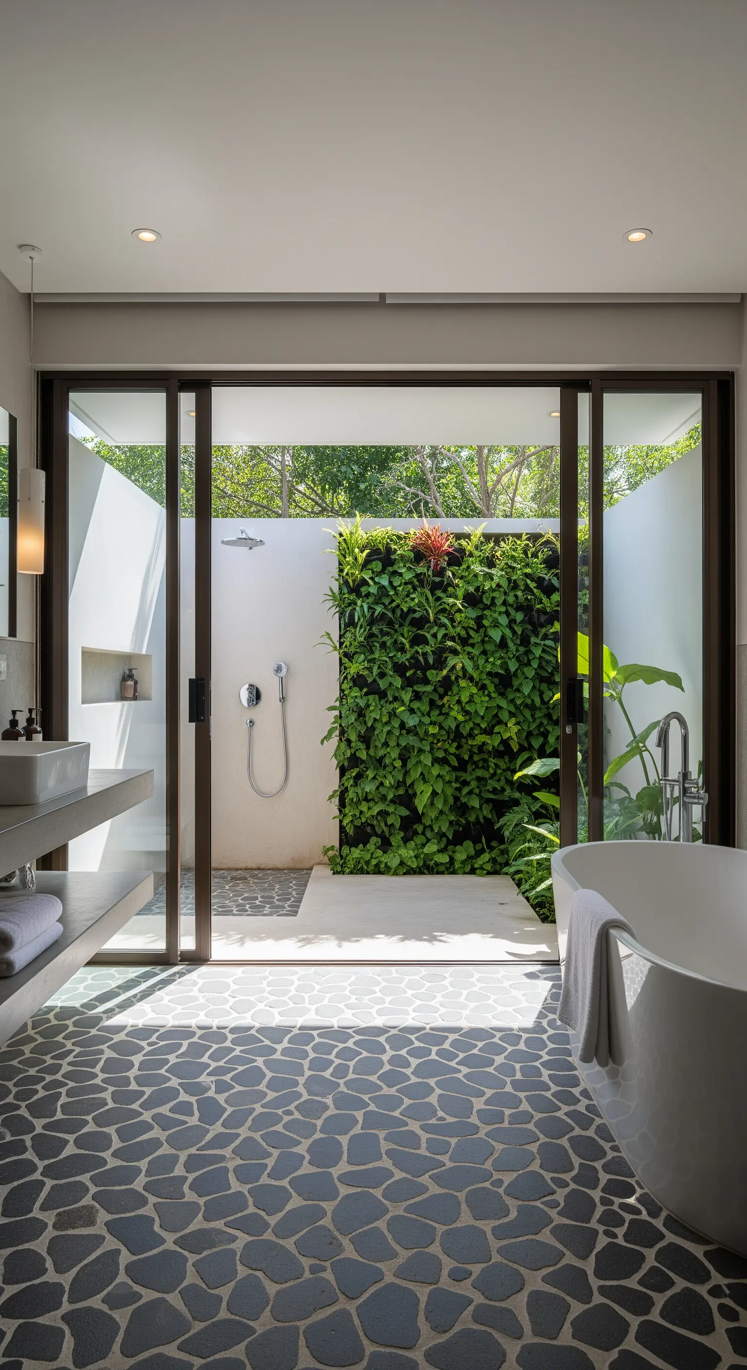 Badezimmer mit großer Glastür zu einer Außendusche mit Pflanzenwand und Kieselsteinboden.