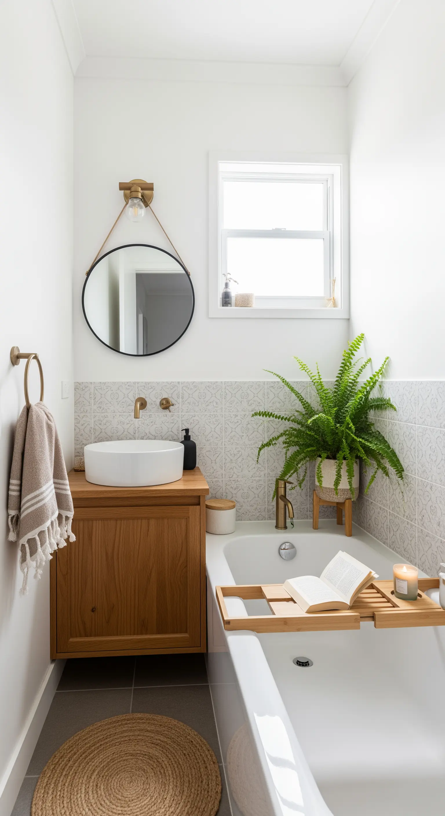 Boho-Badezimmer mit Holz-Waschtisch, rundem Spiegel und einer großen Pflanze.