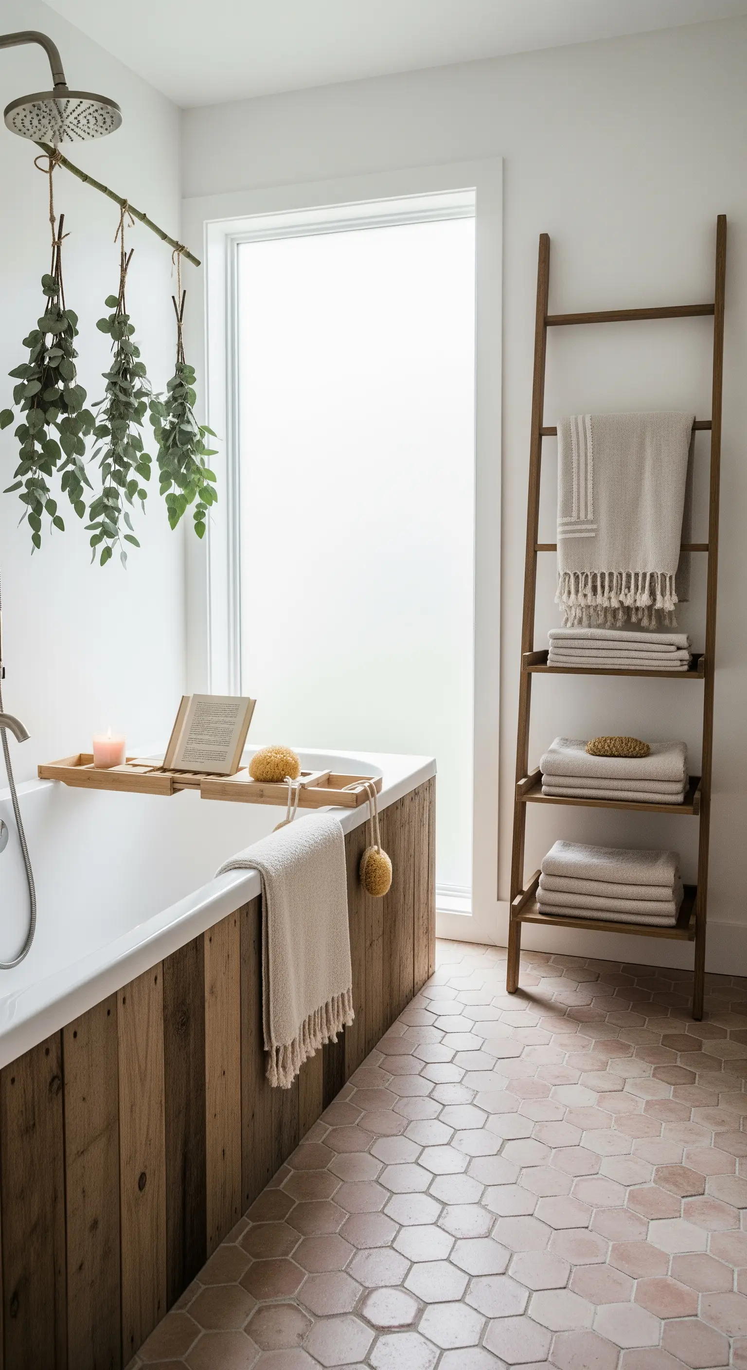 Boho-Badezimmer mit Holzleiter, Eukalyptus in der Dusche und einer Badewannenablage.
