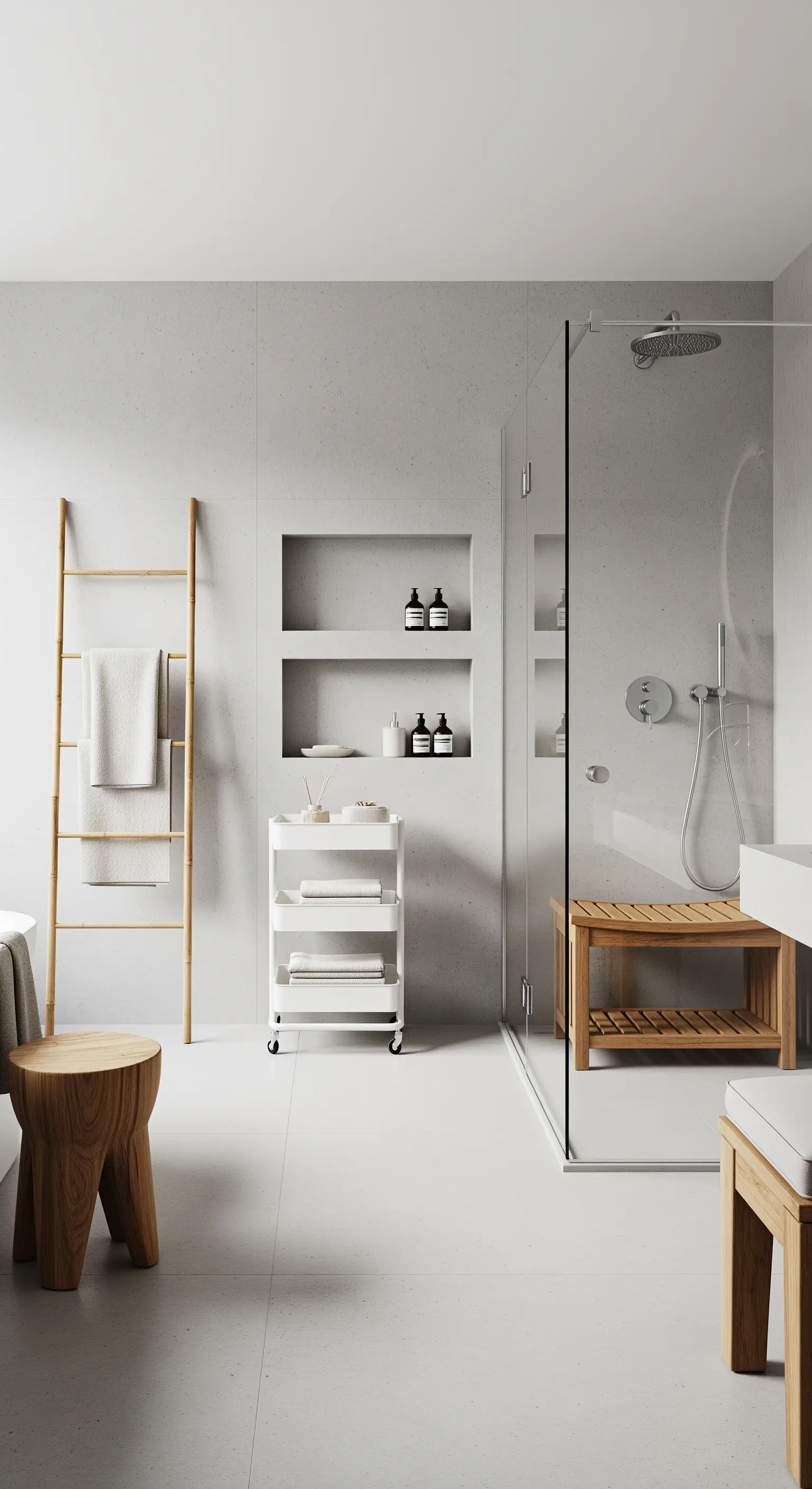 Minimalistisches Badezimmer mit Betonoptik, Holzelementen wie einer Leiter und Hockern.