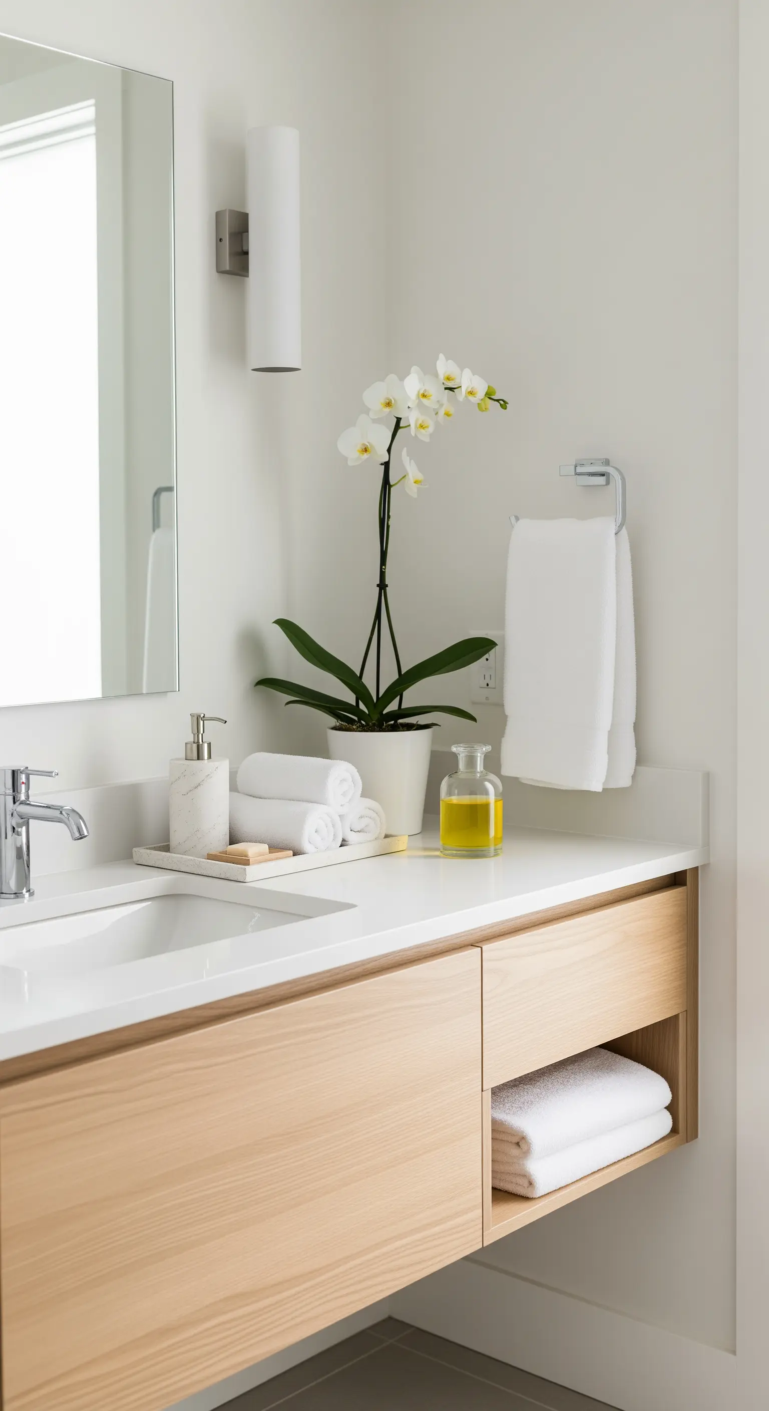 Heller Waschtisch aus Holz mit gerollten Handtüchern und einer Orchidee.