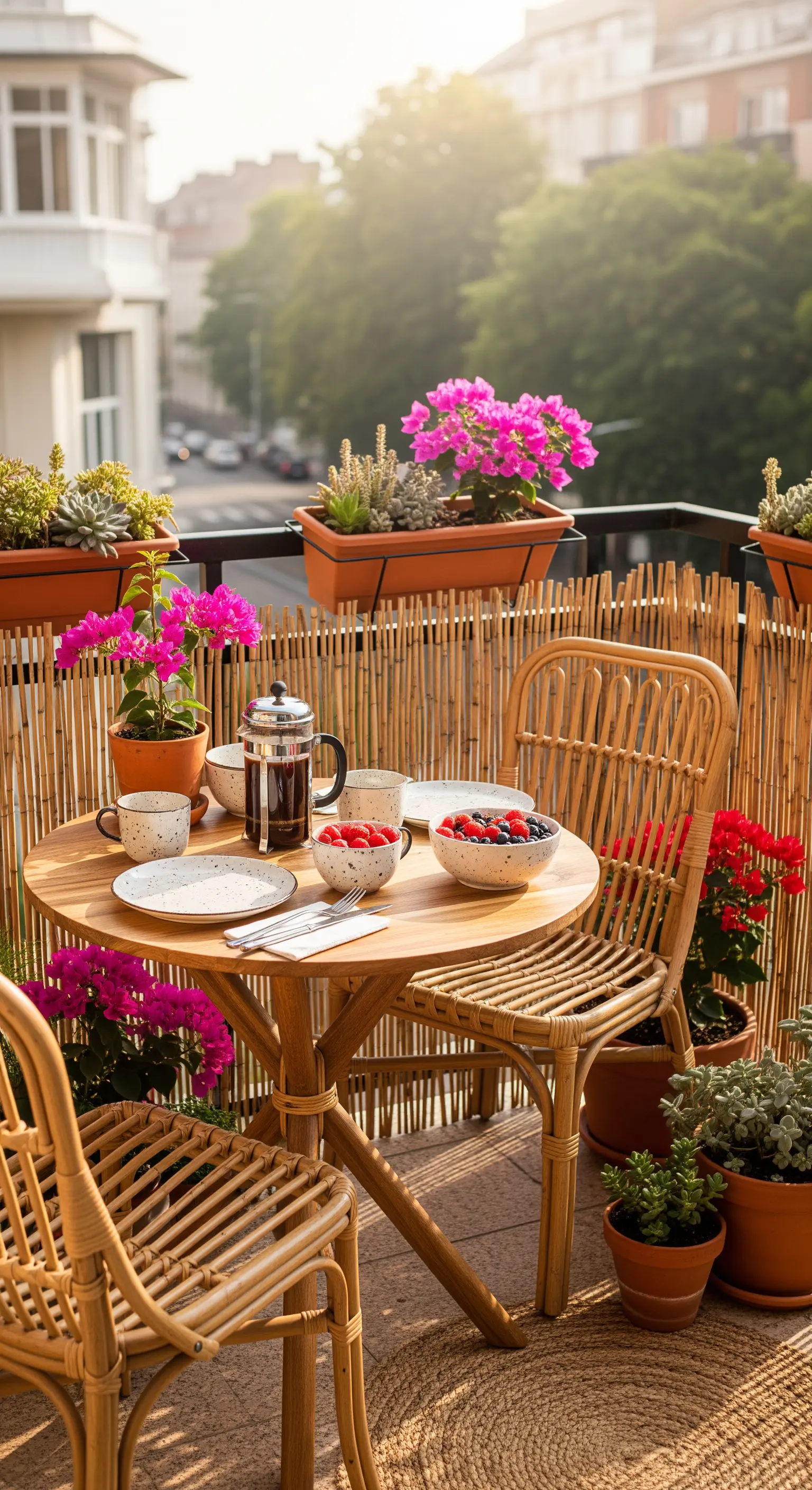 Sonniger Frühstücksplatz auf einem Boho-Balkon mit Rattan-Möbeln und pinken Blumen.