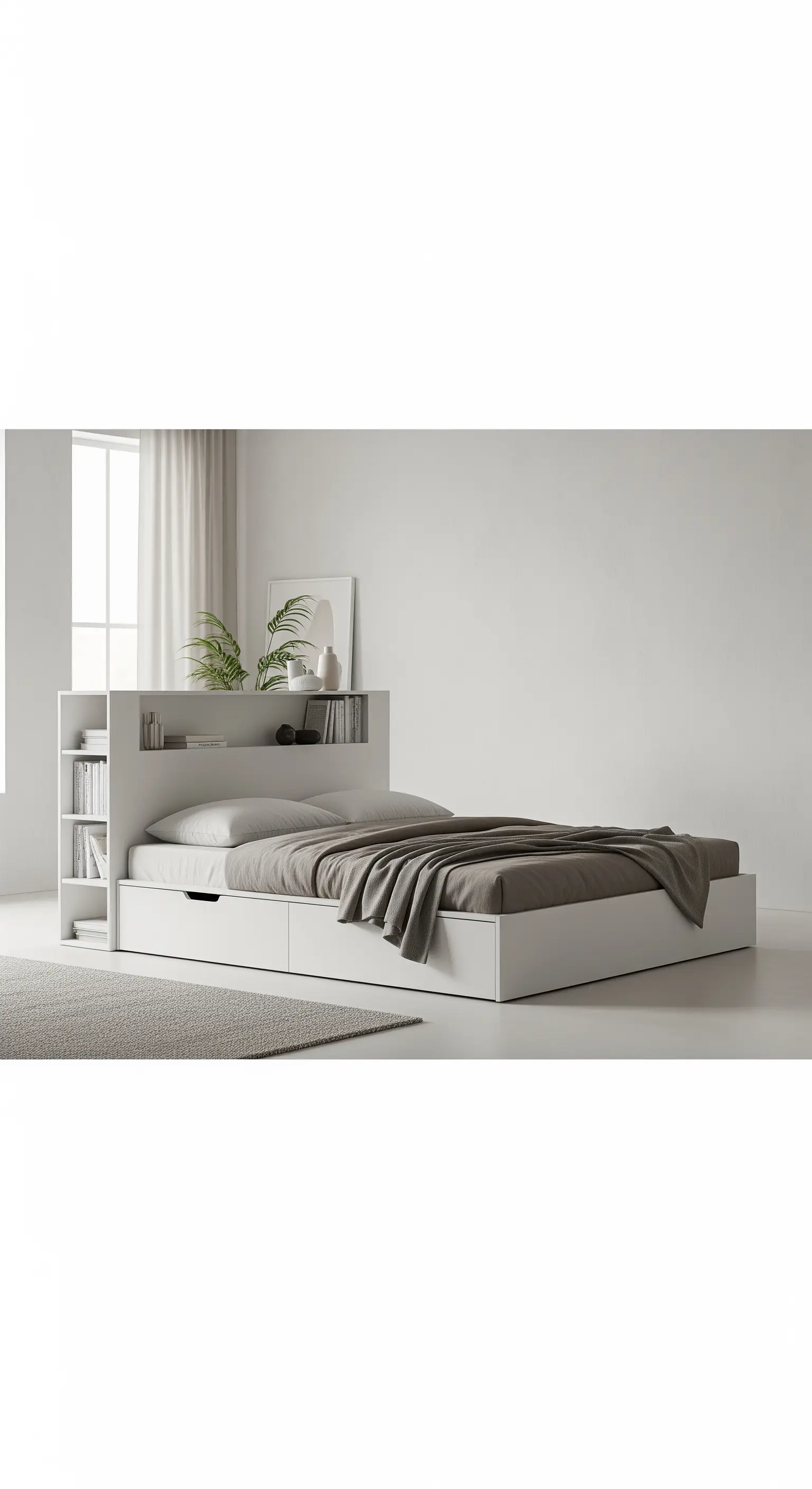 Weißes Bett mit integriertem Regal im Kopfteil und Schubladen für Stauraum