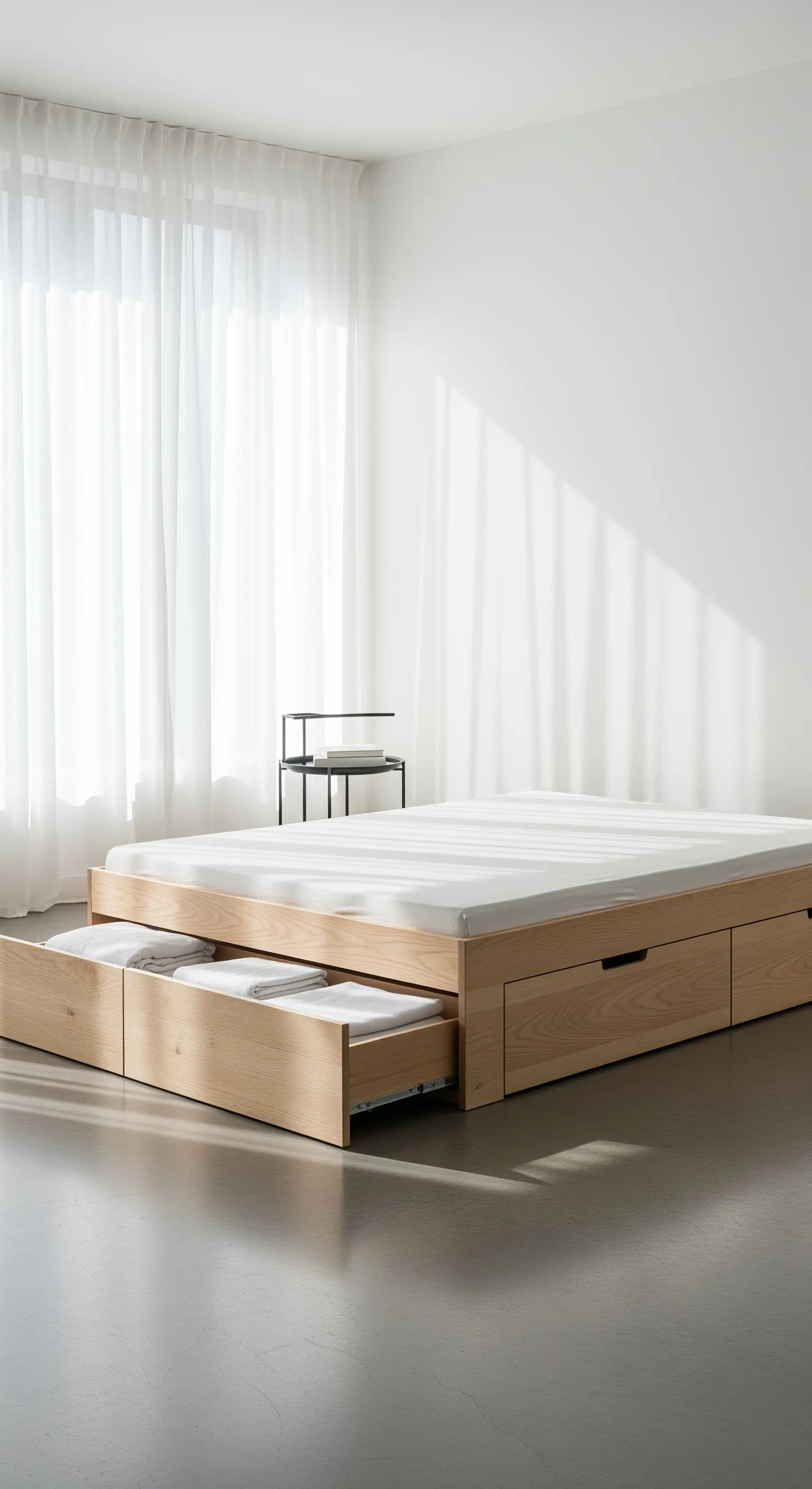 Minimalistisches Holzbett mit integrierten Schubladen für unauffälligen Stauraum im Schlafzimmer.