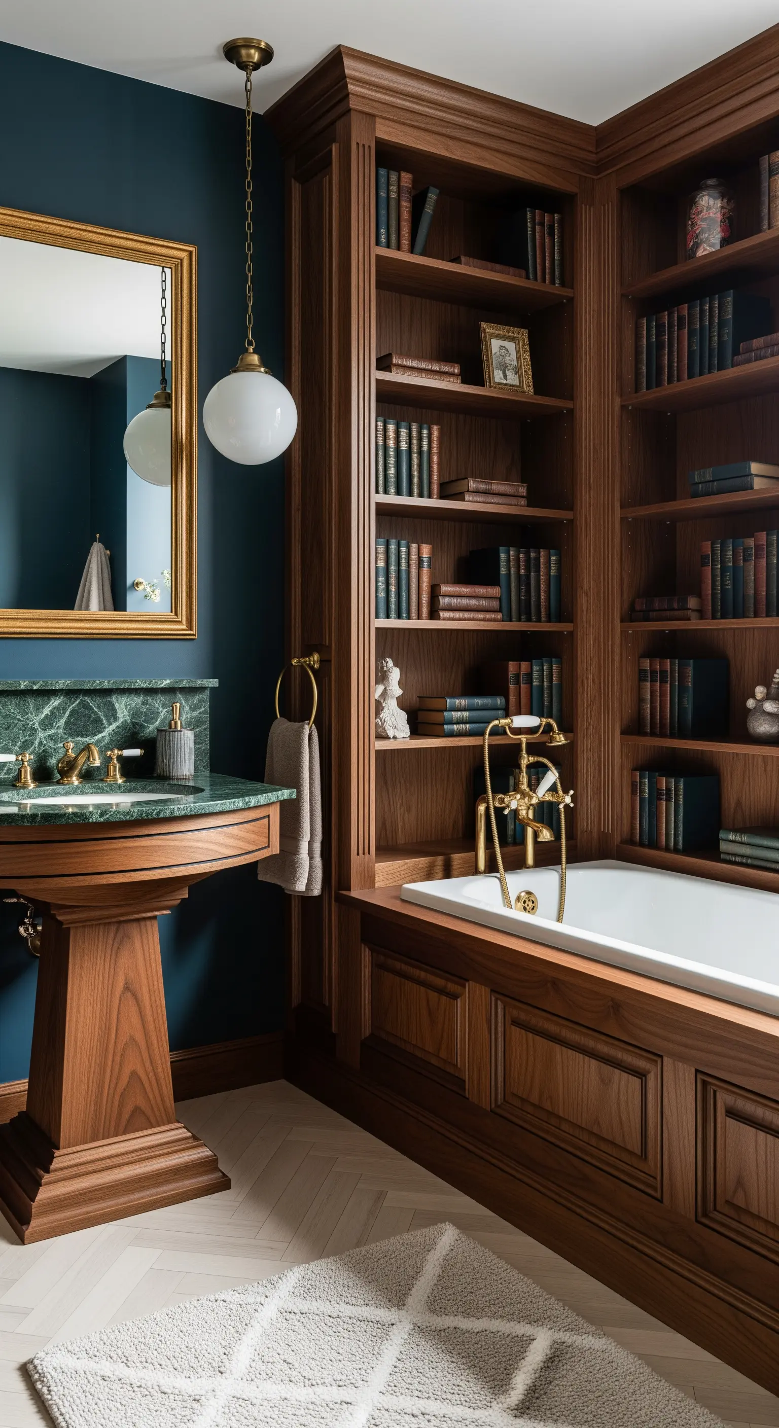 Badewanne integriert in ein raumhohes Bücherregal aus dunklem Holz