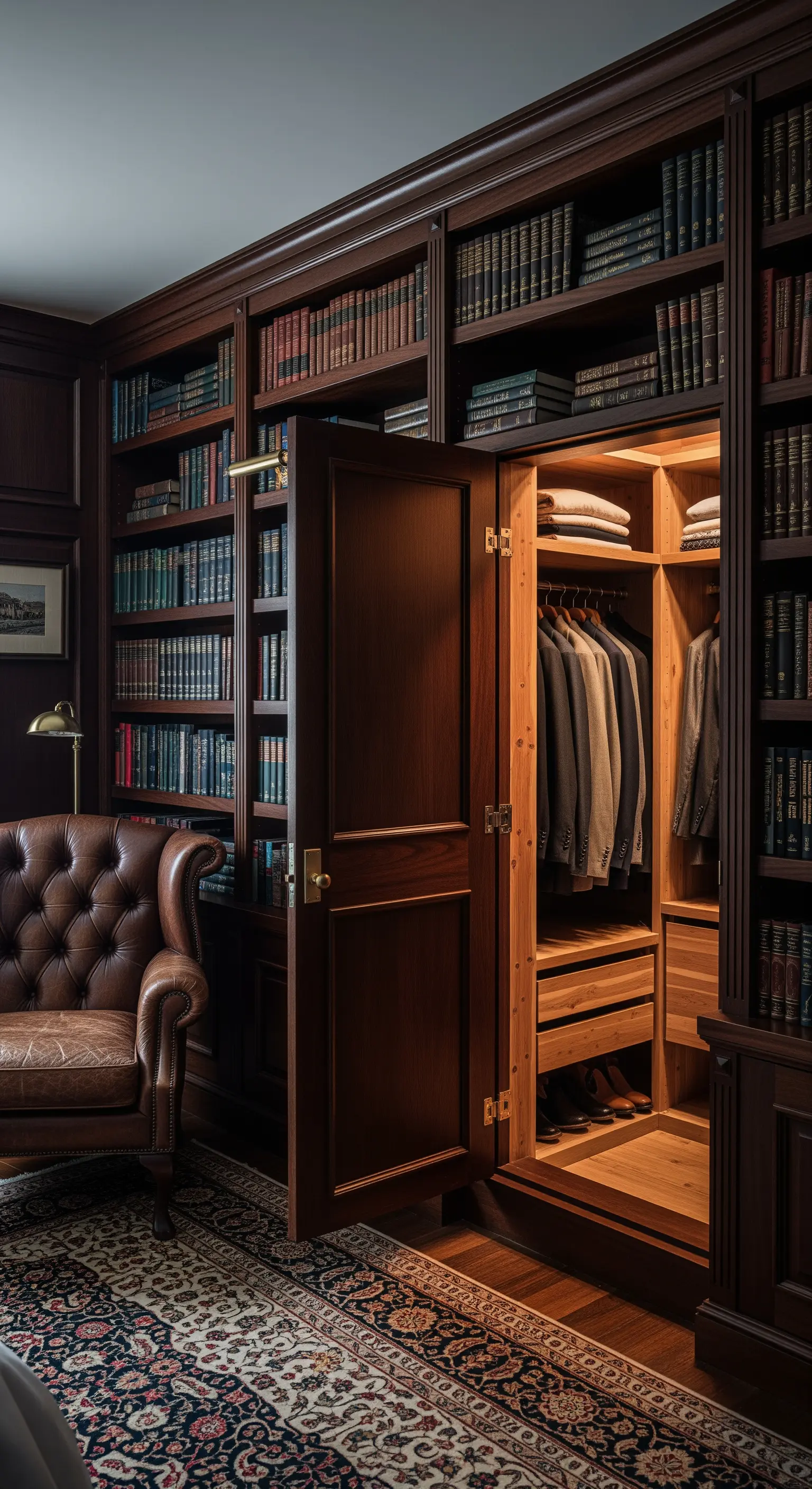 Klassische Bibliothek mit Ledersessel, bei der eine Bücherregal-Tür einen Kleiderschrank verbirgt