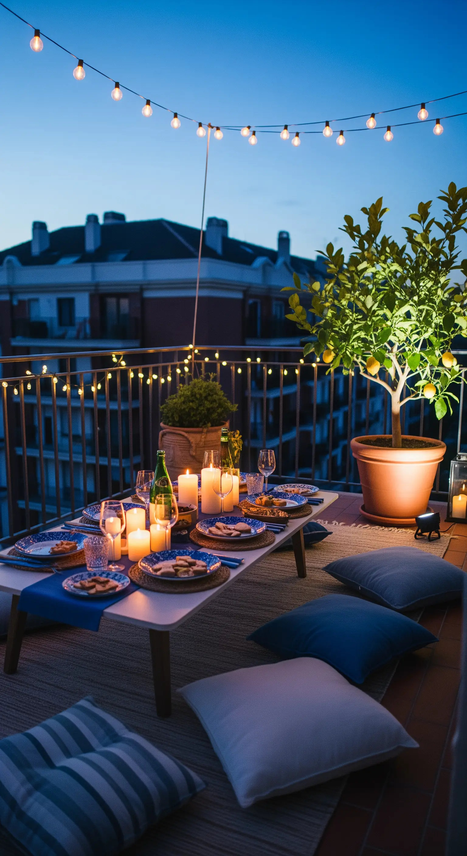 Balkon-Dinner bei Nacht mit niedrigem Tisch, Bodenkissen, Kerzen und Lichterketten.