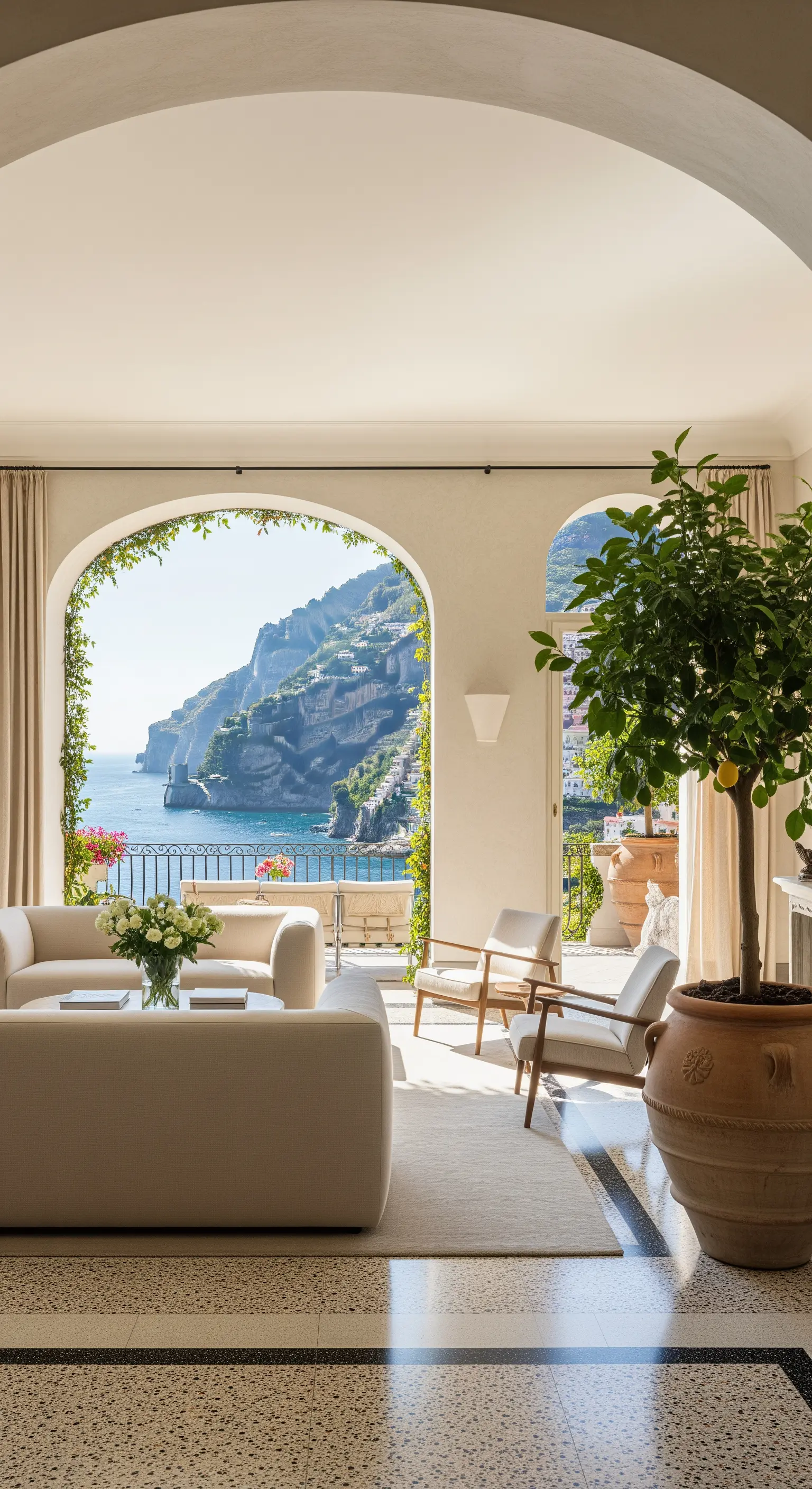 Helles Wohnzimmer mit einem großen Bogenfenster, das den Blick auf die Amalfiküste freigibt.
