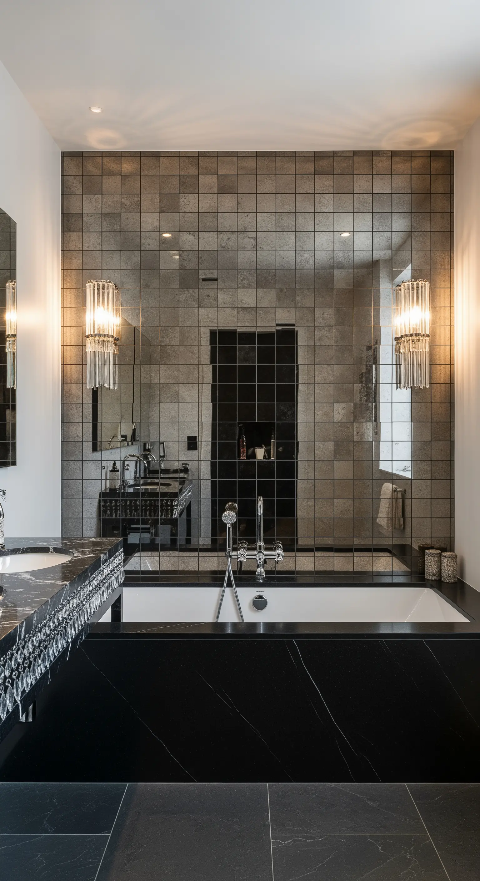 Badezimmerwand mit getönten Spiegelkacheln hinter einer schwarzen Marmor-Badewanne.