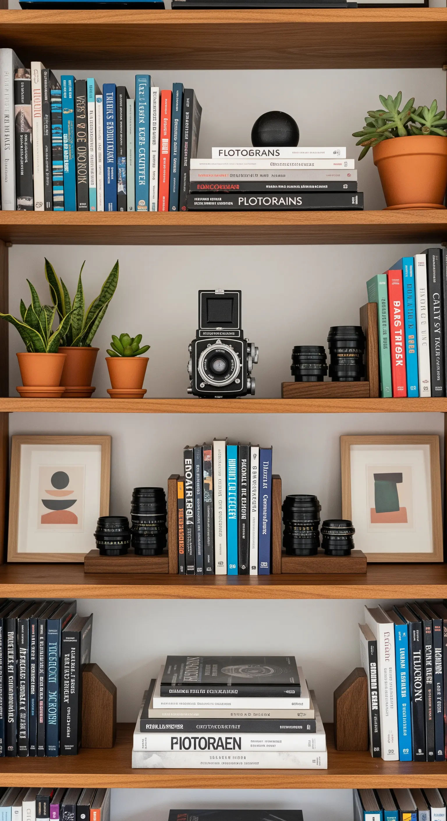 Detailansicht eines Bücherregals, in dem eine Vintage-Kamera und Objektive zwischen Büchern platziert sind.