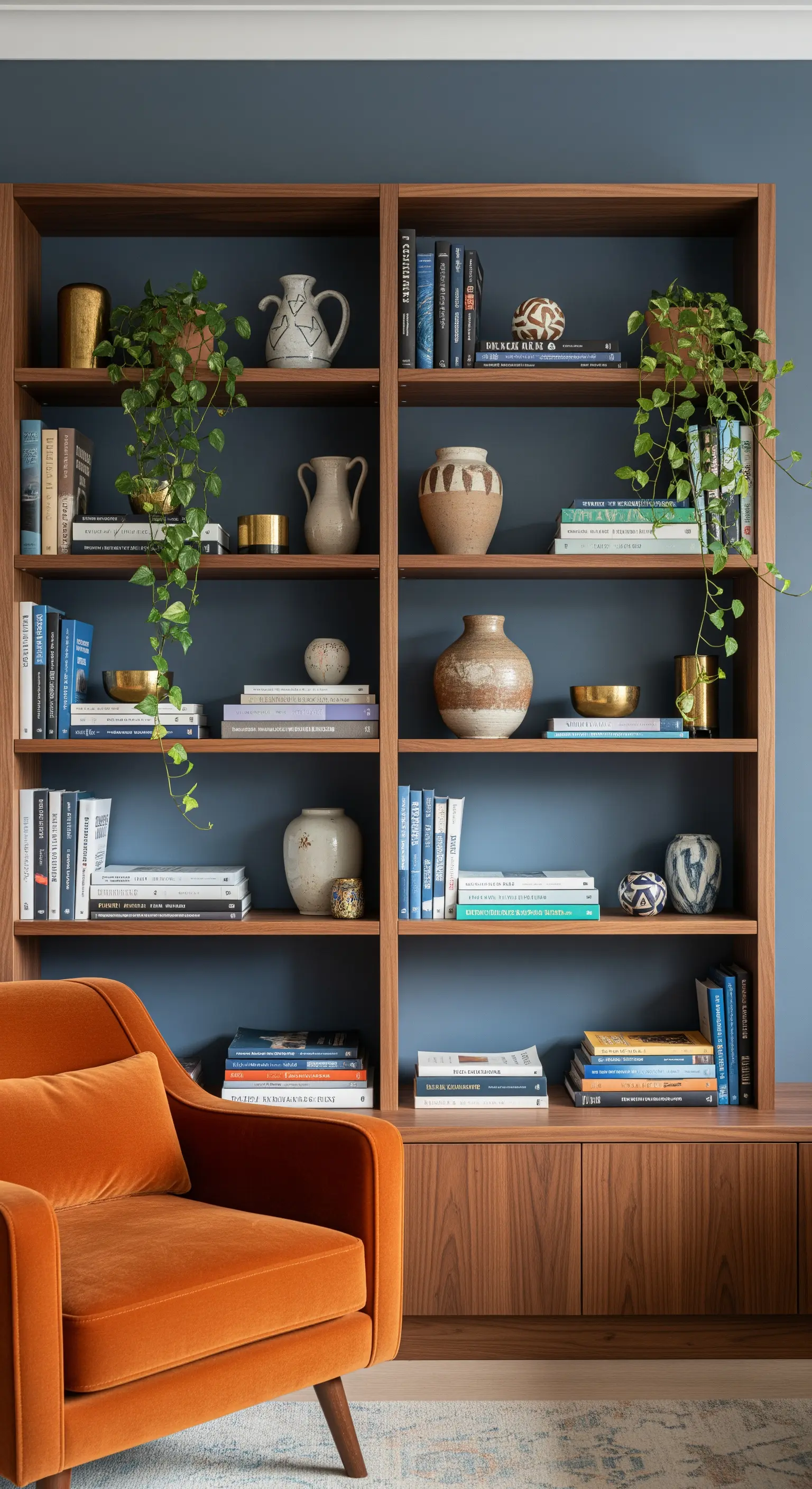 Großes Holz-Bücherregal vor dunkelblauer Wand, dekoriert mit Büchern, Keramik und Pflanzen.