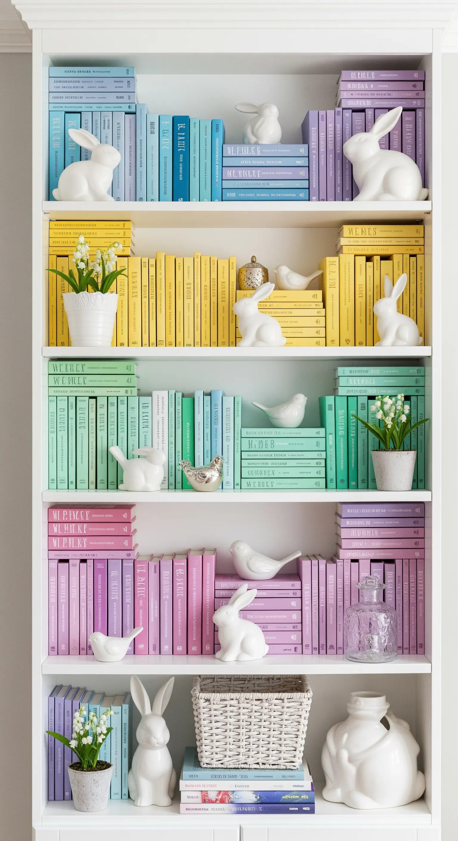 Weißes Bücherregal mit nach Pastellfarben sortierten Büchern und kleinen weißen Deko-Figuren.