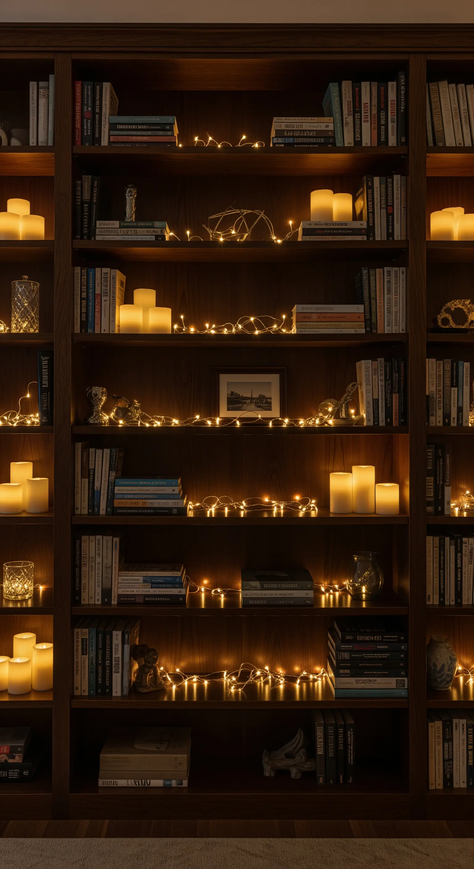 Ein dunkles Holz-Bücherregal, das auf jeder Ebene mit Lichterketten und LED-Kerzen dekoriert ist.