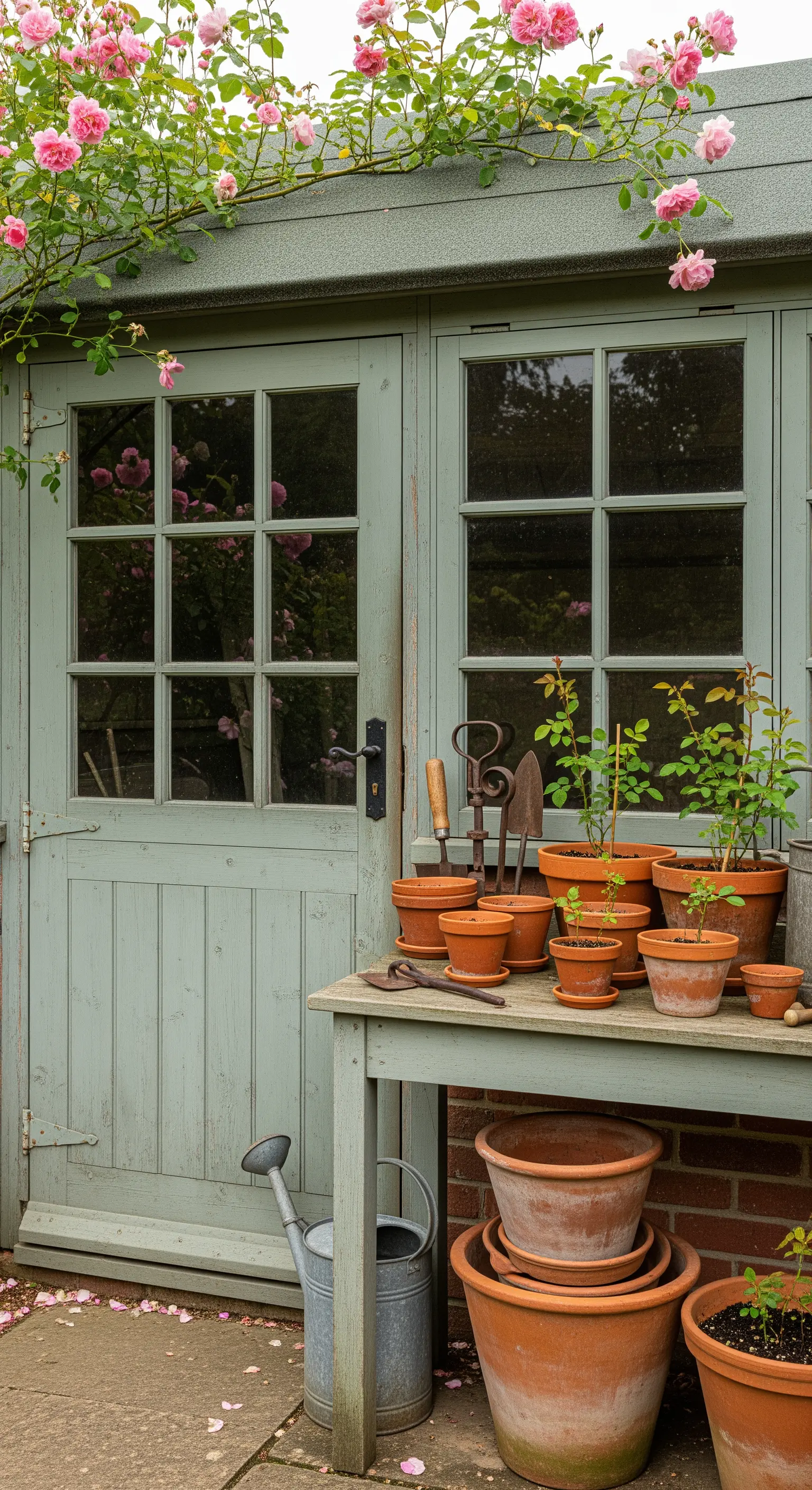 Salbeigrünes Gartenhaus mit einer Sammlung von Terrakottatöpfen und Gartengeräten