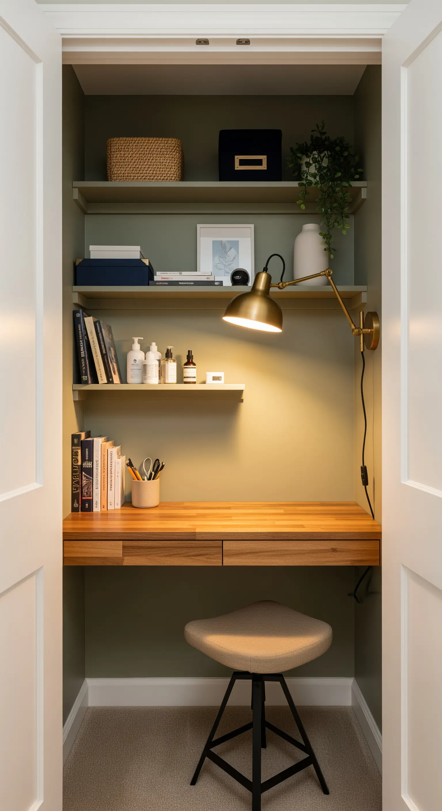 Kompakter Arbeitsplatz in einer grün gestrichenen Nische eines Kleiderschranks