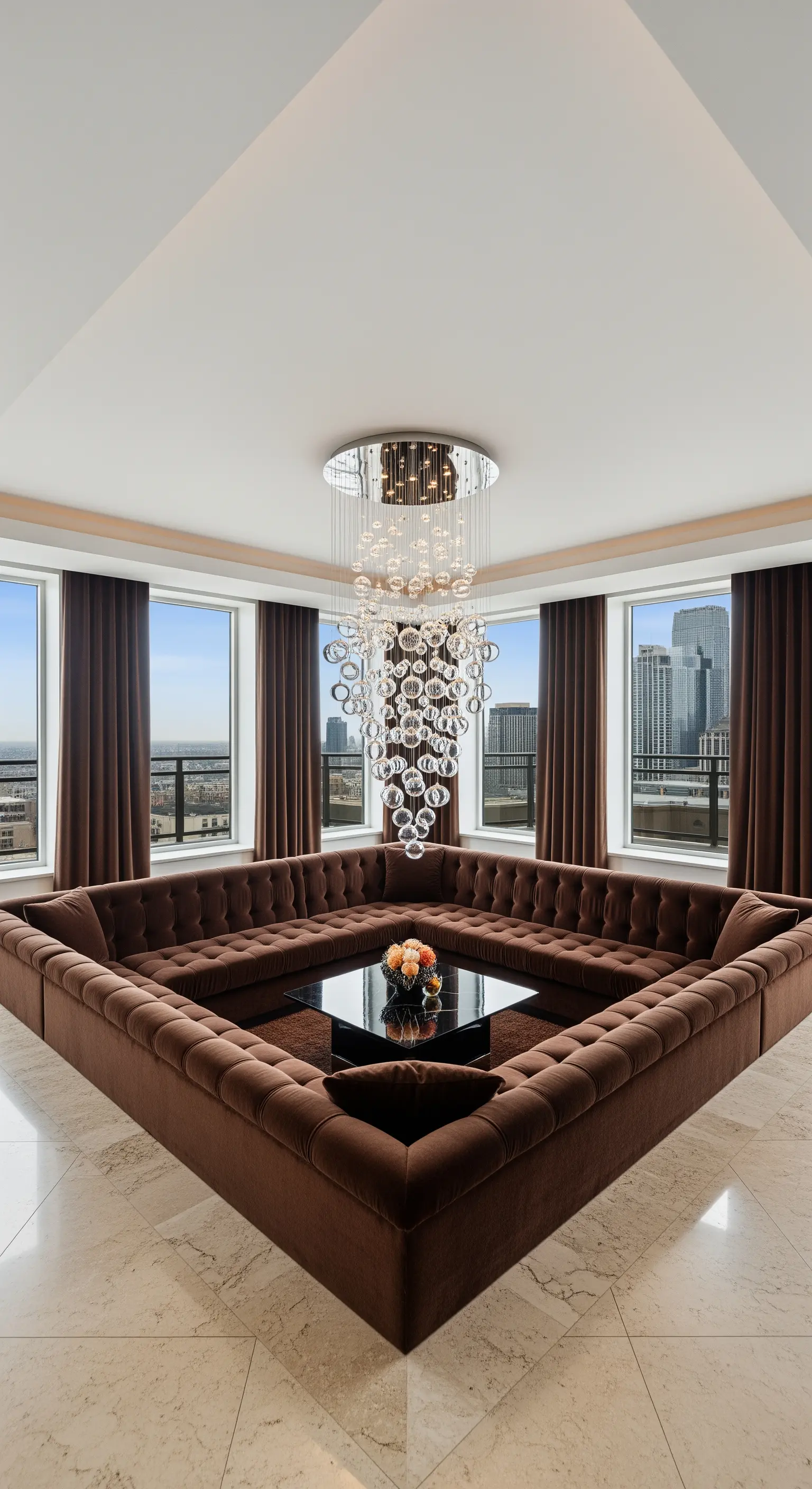 Grosse, quadratische „Conversation Pit“ aus braunem Samt mit einem Glastisch in der Mitte.