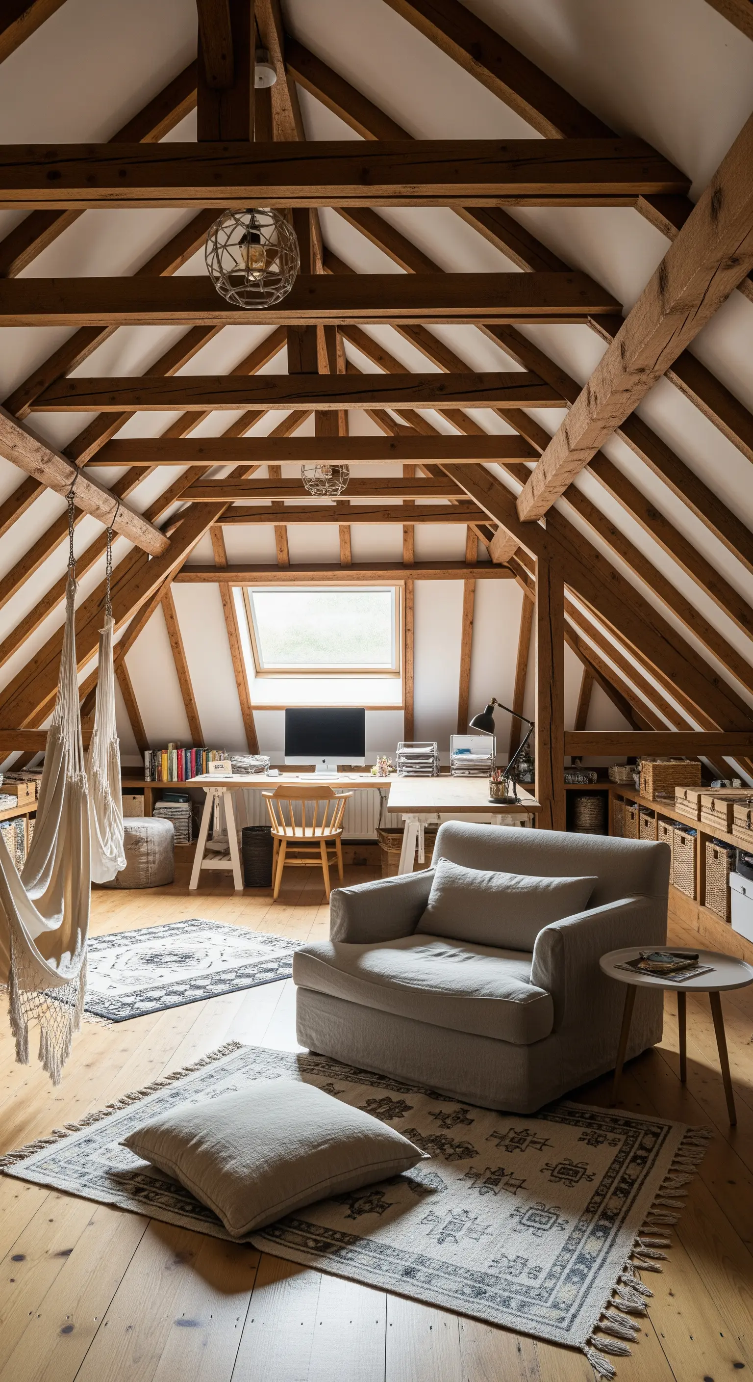 Großzügiges Homeoffice im Dachgeschoss mit Holzbalken, Leseecke und Hängesessel.