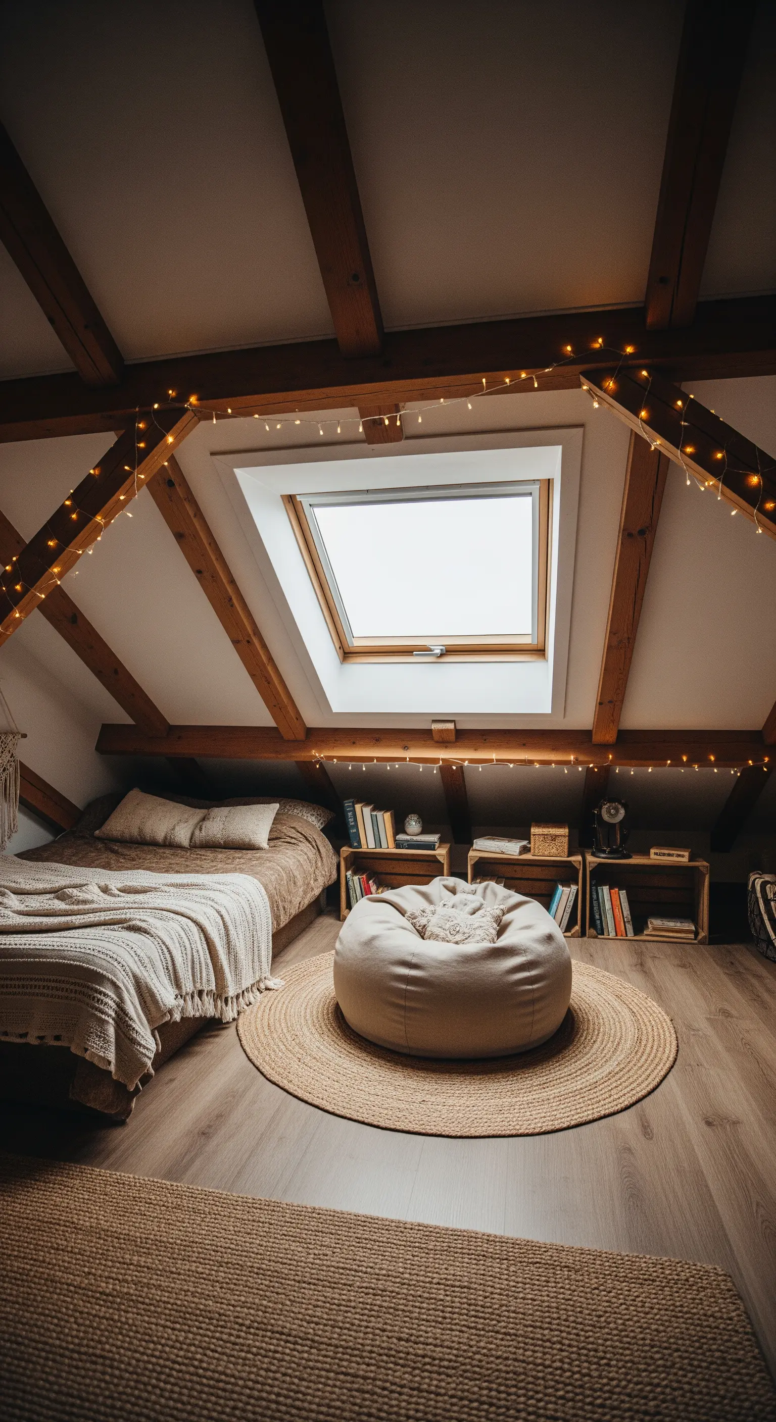 Gemütliche Leseecke im Dachgeschoss mit Sitzsack, Lichterketten und Holzbalken.
