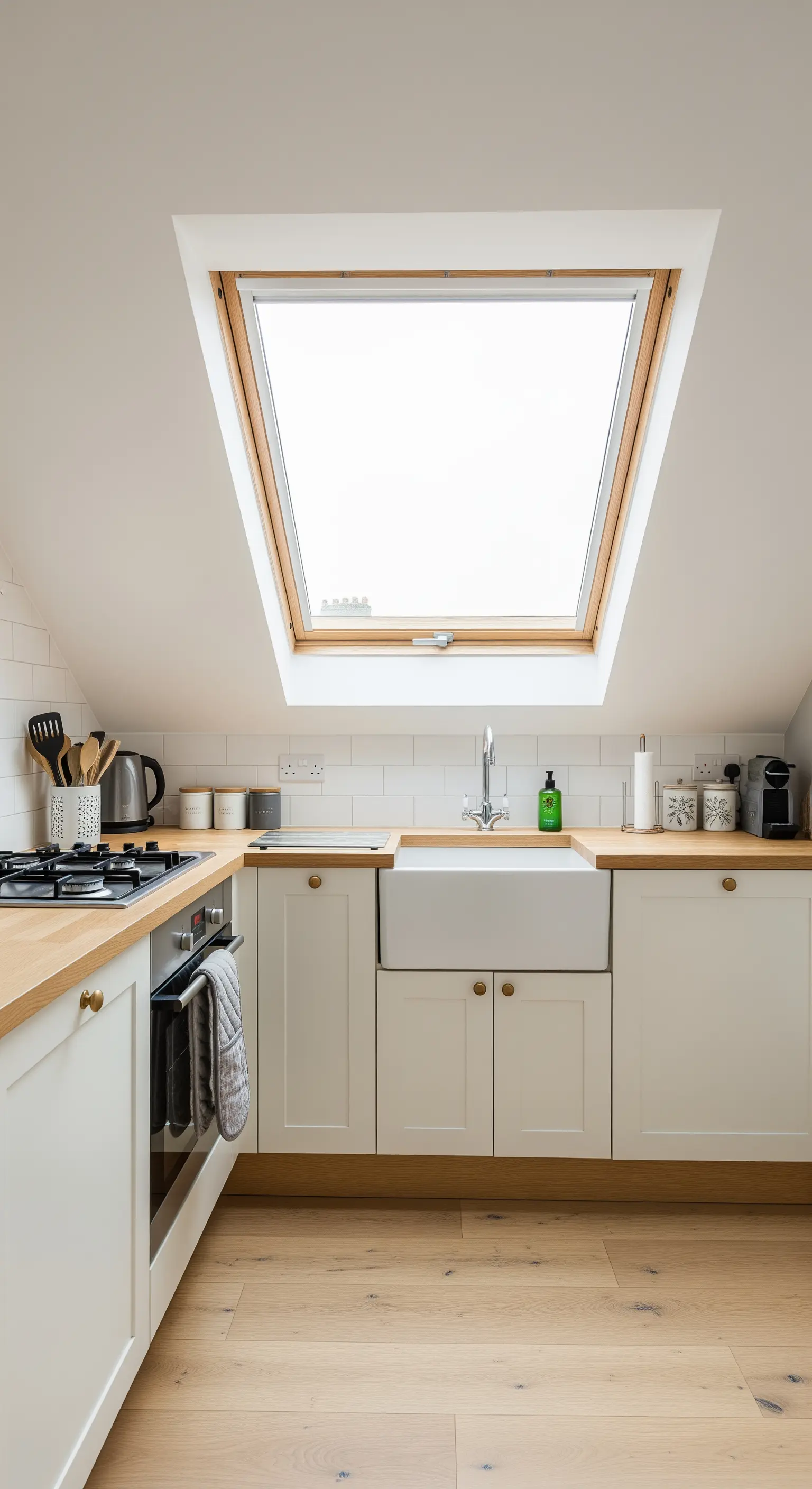 Helle Dachgeschossküche mit einem großen Dachfenster direkt über der Spüle.
