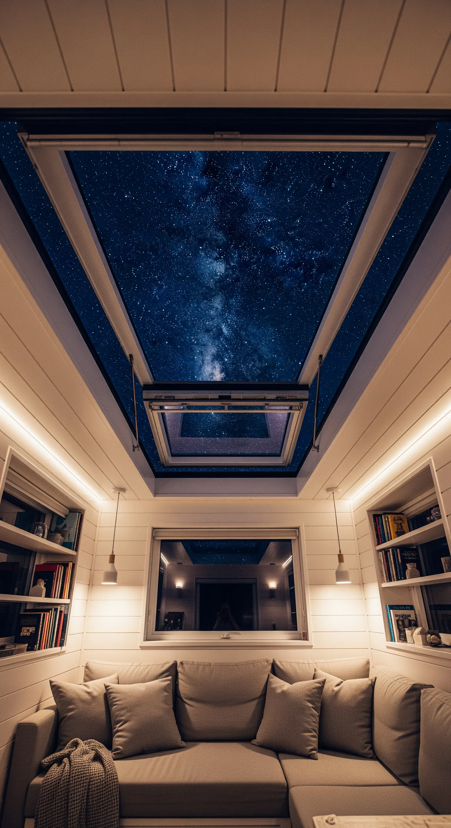Wohnzimmer in einem Tiny House mit großem Dachfenster, das den Blick auf den Sternenhimmel freigibt.