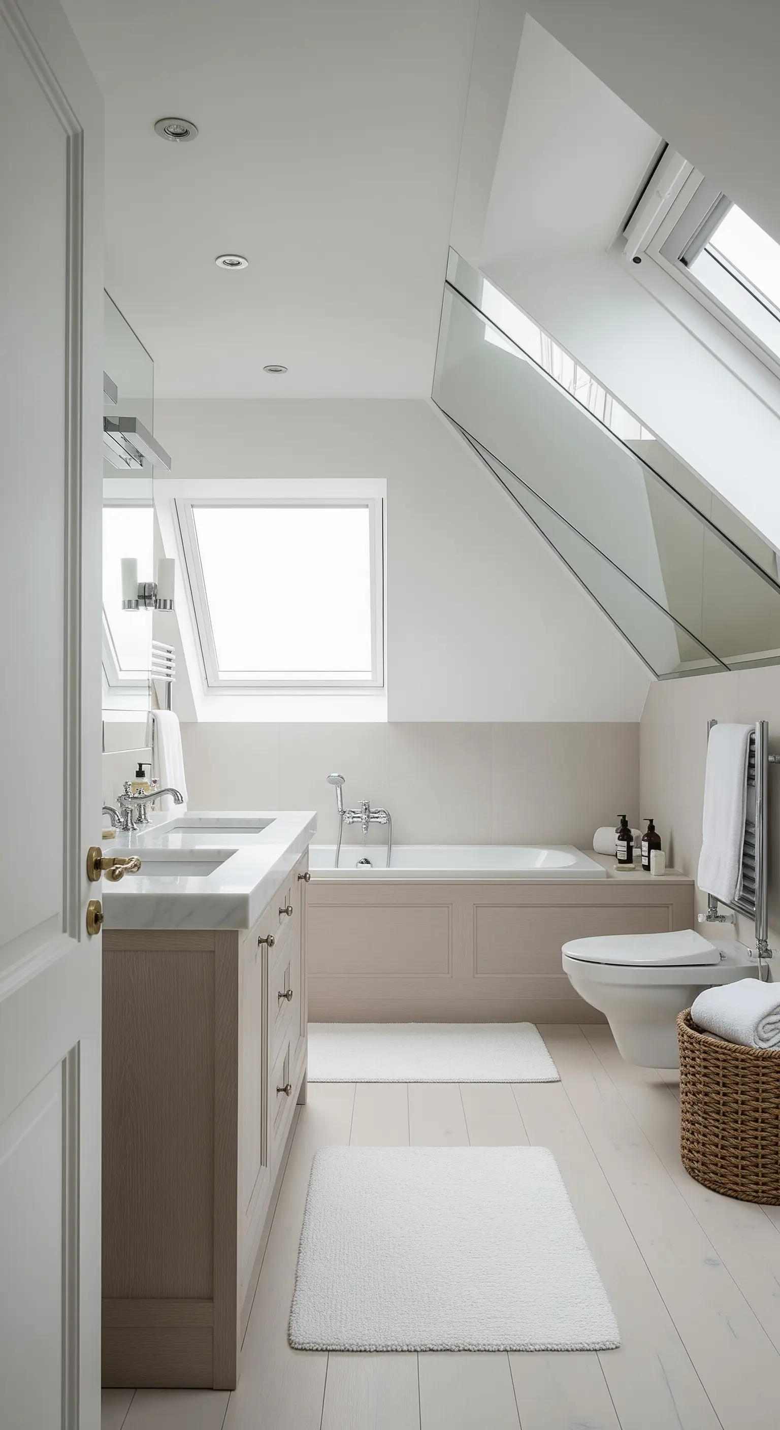 Helles Dachgeschoss-Badezimmer, in dem ein großes Dachfenster von einer Spiegelwand reflektiert wird.