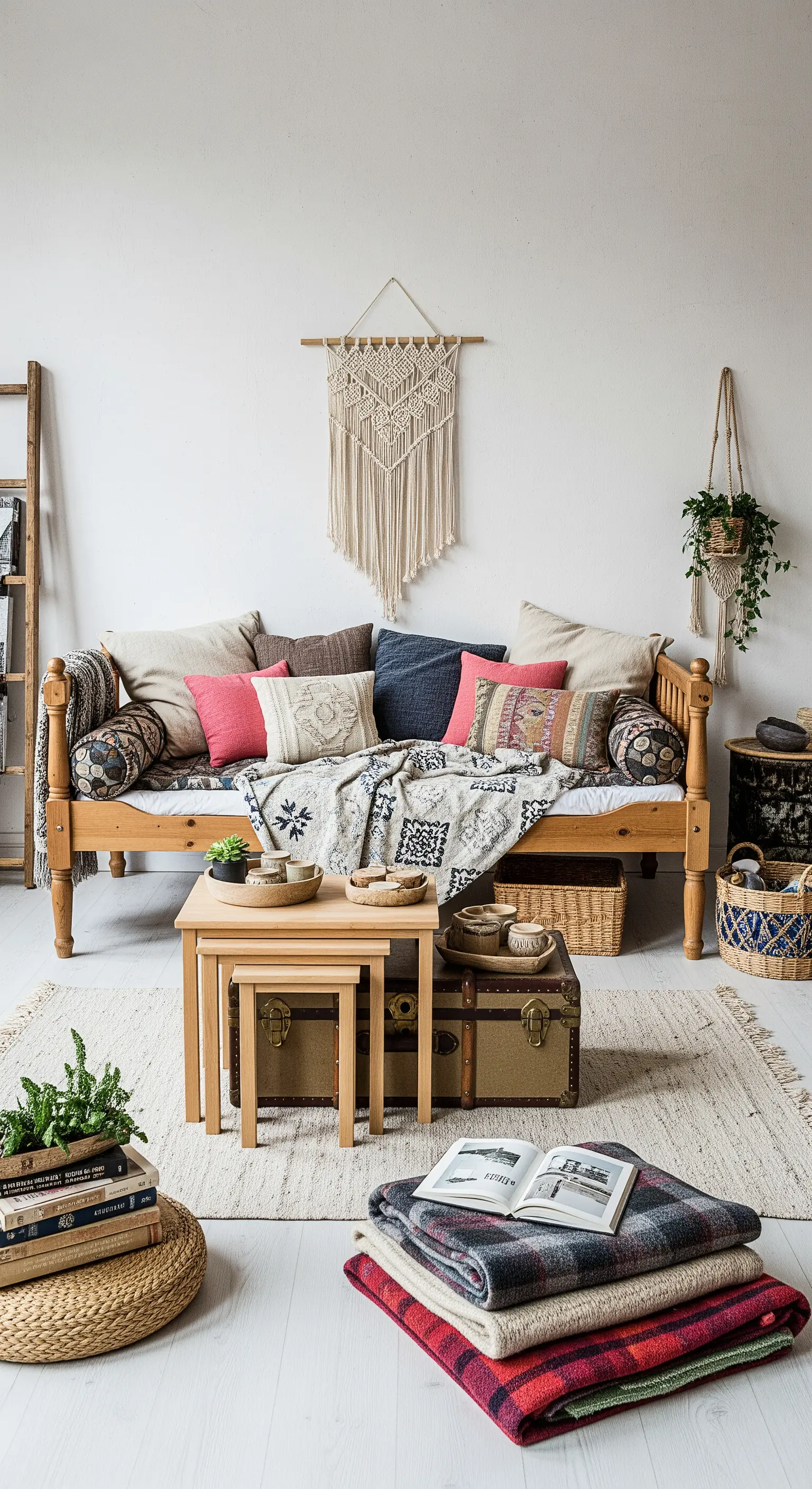 Gemütliches Daybed mit einer bunten Mischung aus Kissen und Decken im Boho-Stil.